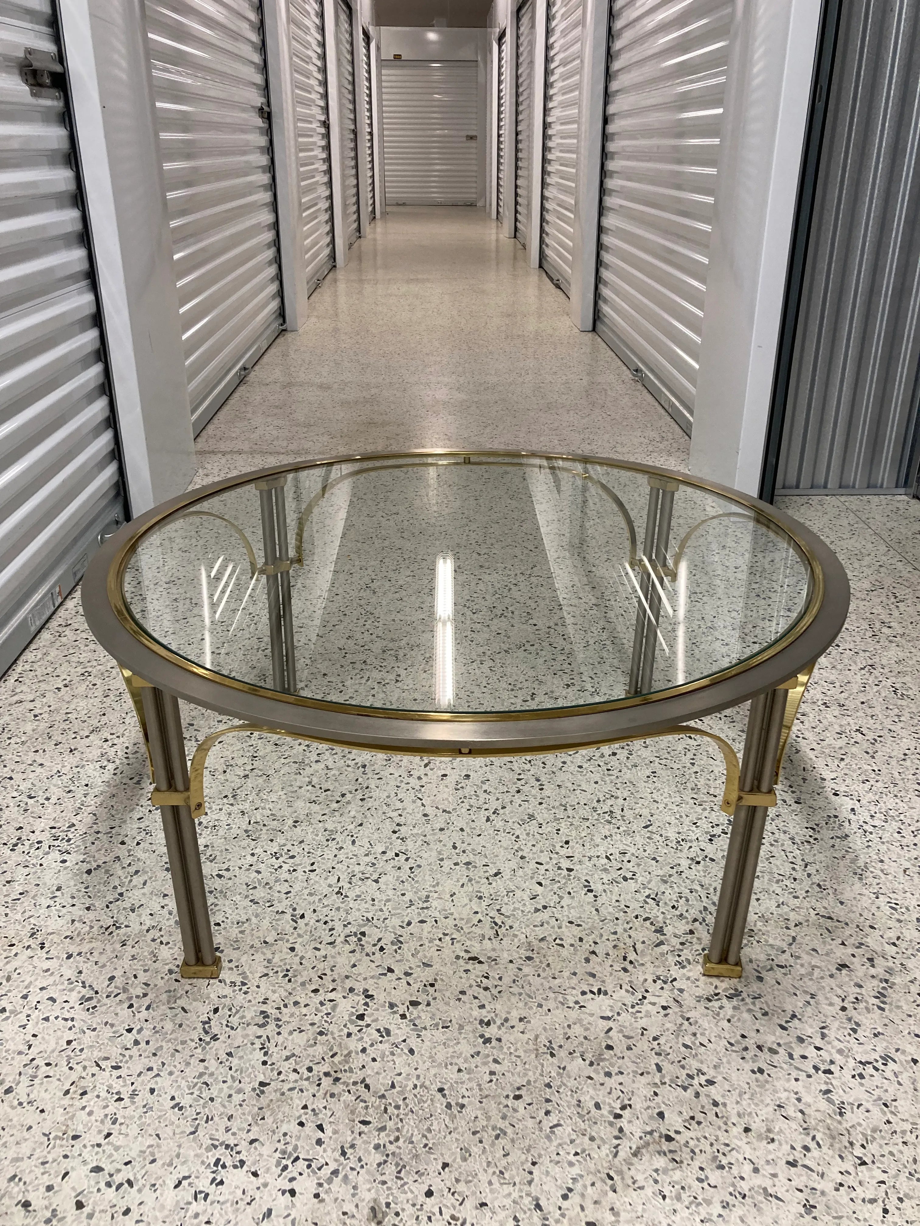 Mid 20th Century Maison Jansen Style Chrome and Brass Round Coffee Table With Glass Top