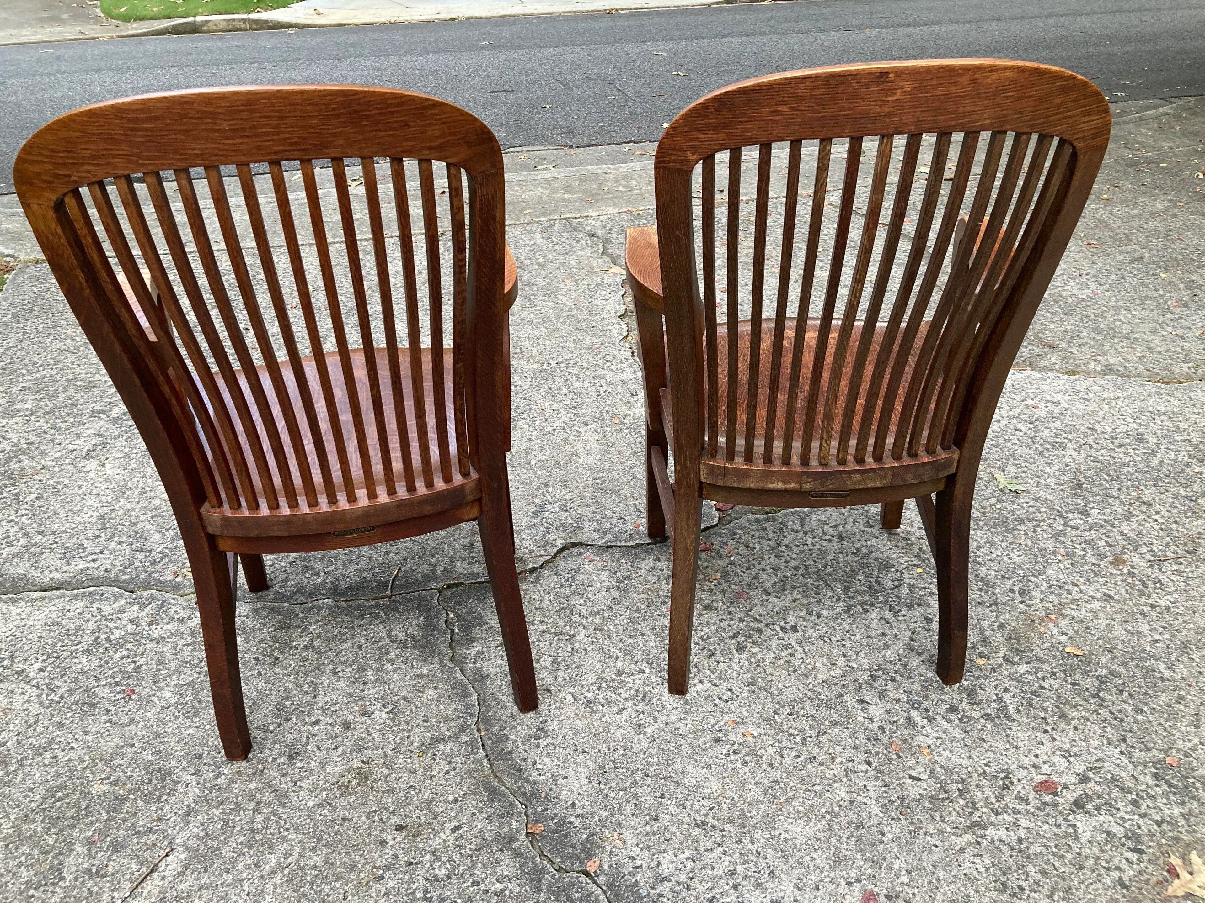 Mid-20th Century Marble and Shattuck Quartersawn Oak Library Armchairs - a Pair