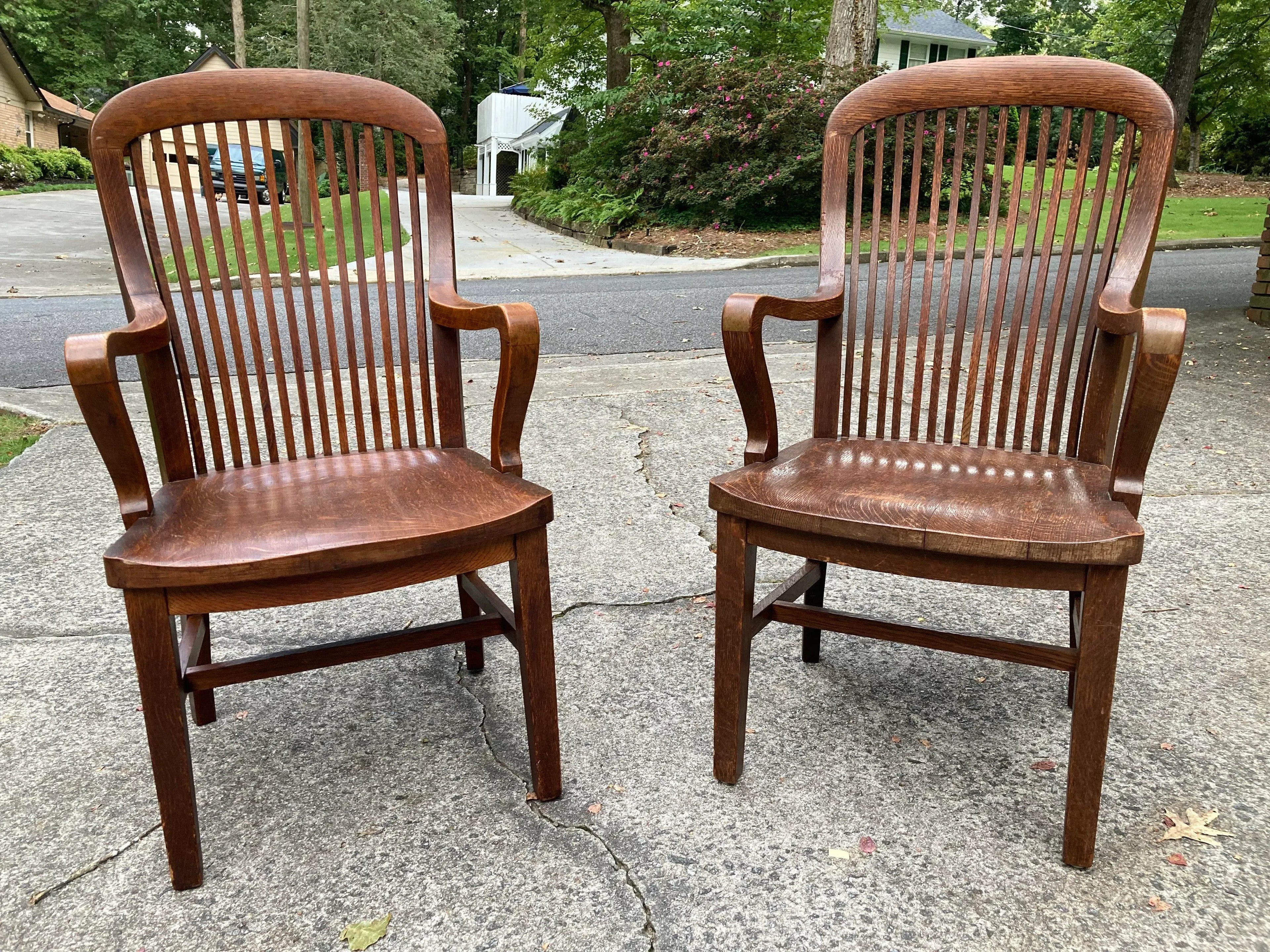 Mid-20th Century Marble and Shattuck Quartersawn Oak Library Armchairs - a Pair
