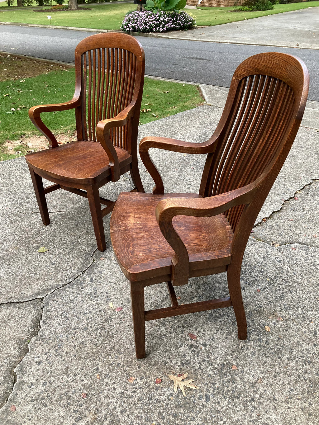 Mid-20th Century Marble and Shattuck Quartersawn Oak Library Armchairs - a Pair