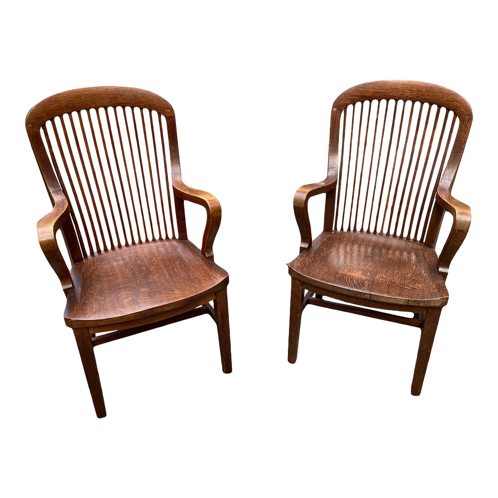 Mid-20th Century Marble and Shattuck Quartersawn Oak Library Armchairs - a Pair