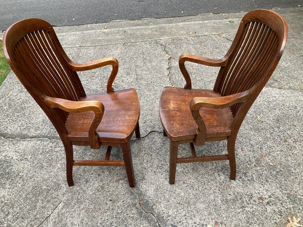 Mid-20th Century Marble and Shattuck Quartersawn Oak Library Armchairs - a Pair
