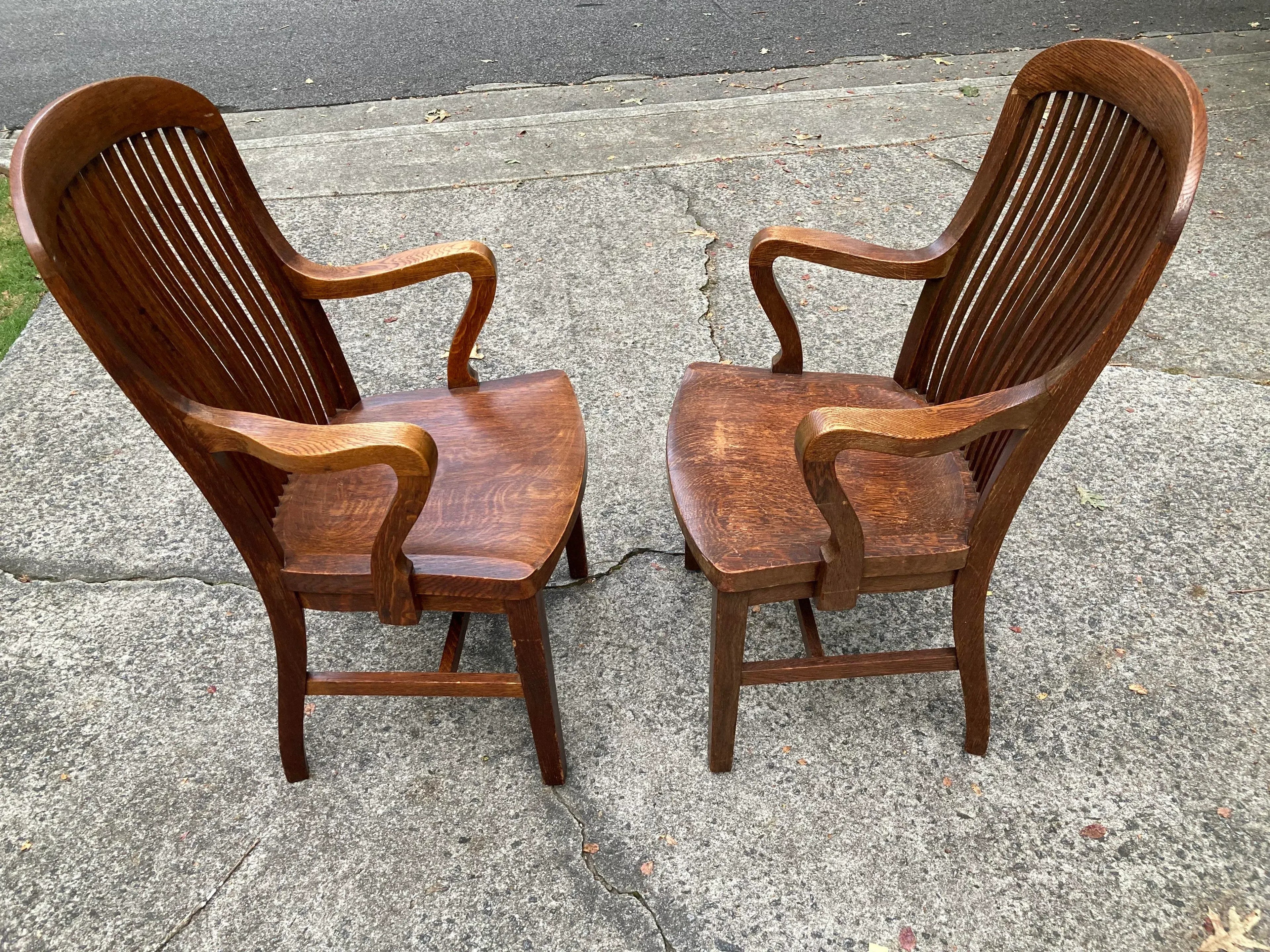 Mid-20th Century Marble and Shattuck Quartersawn Oak Library Armchairs - a Pair