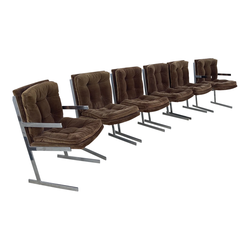 Mid-20th Century Milo Baughman Style Flat Bar Chrome Sled-Base Dining Chairs - Set of 6