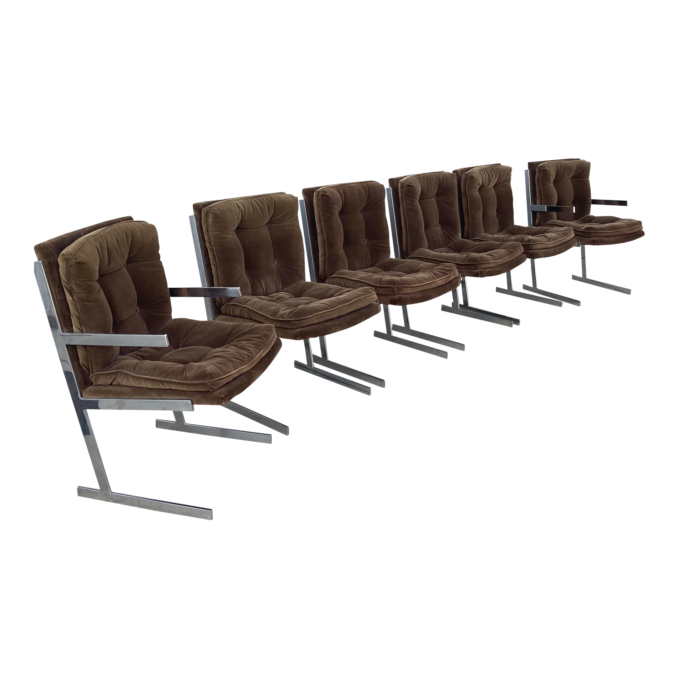 Mid-20th Century Milo Baughman Style Flat Bar Chrome Sled-Base Dining Chairs - Set of 6