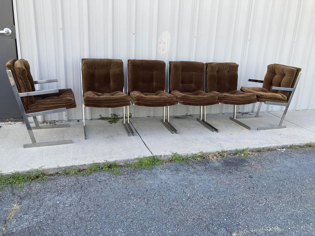Mid-20th Century Milo Baughman Style Flat Bar Chrome Sled-Base Dining Chairs - Set of 6