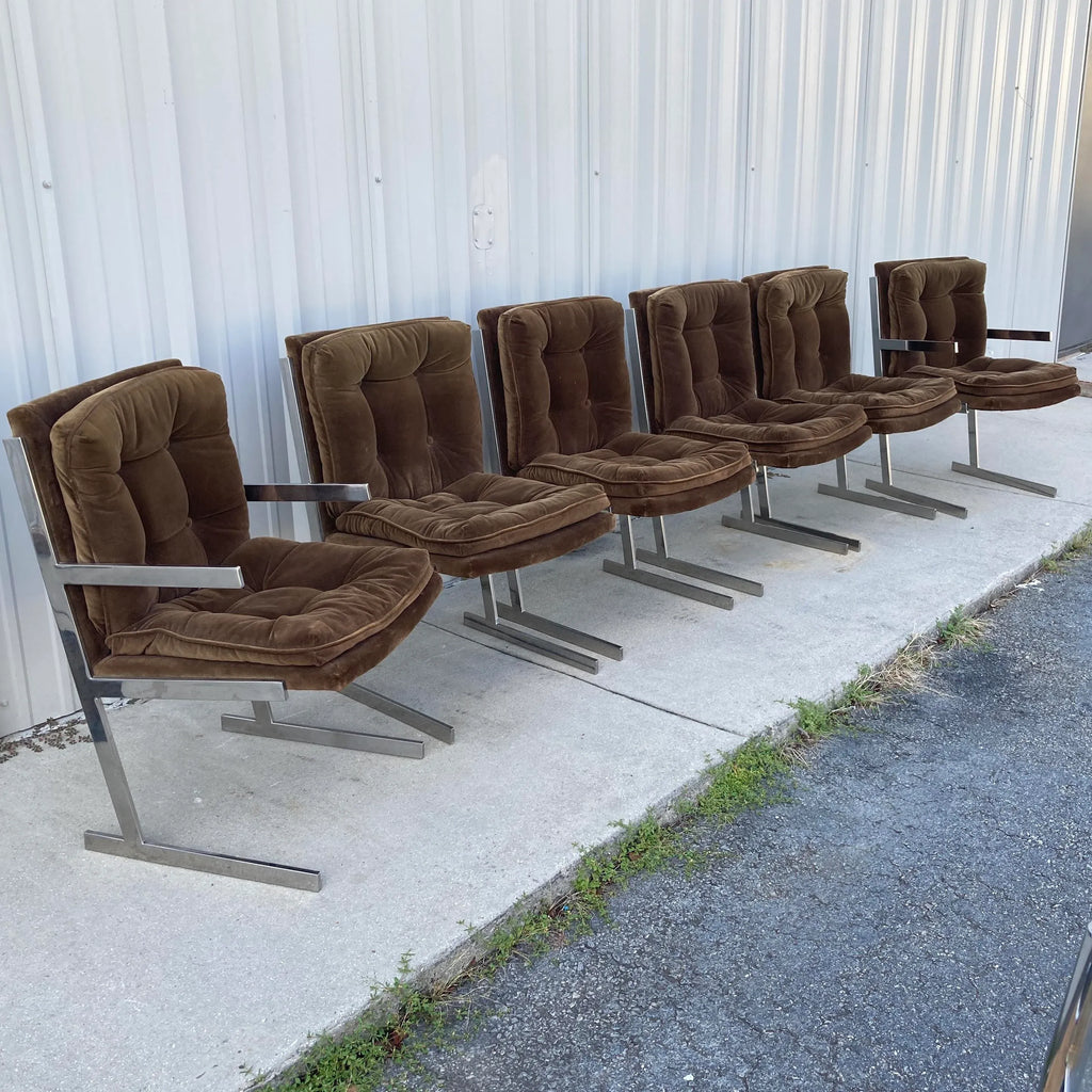 Mid-20th Century Milo Baughman Style Flat Bar Chrome Sled-Base Dining Chairs - Set of 6