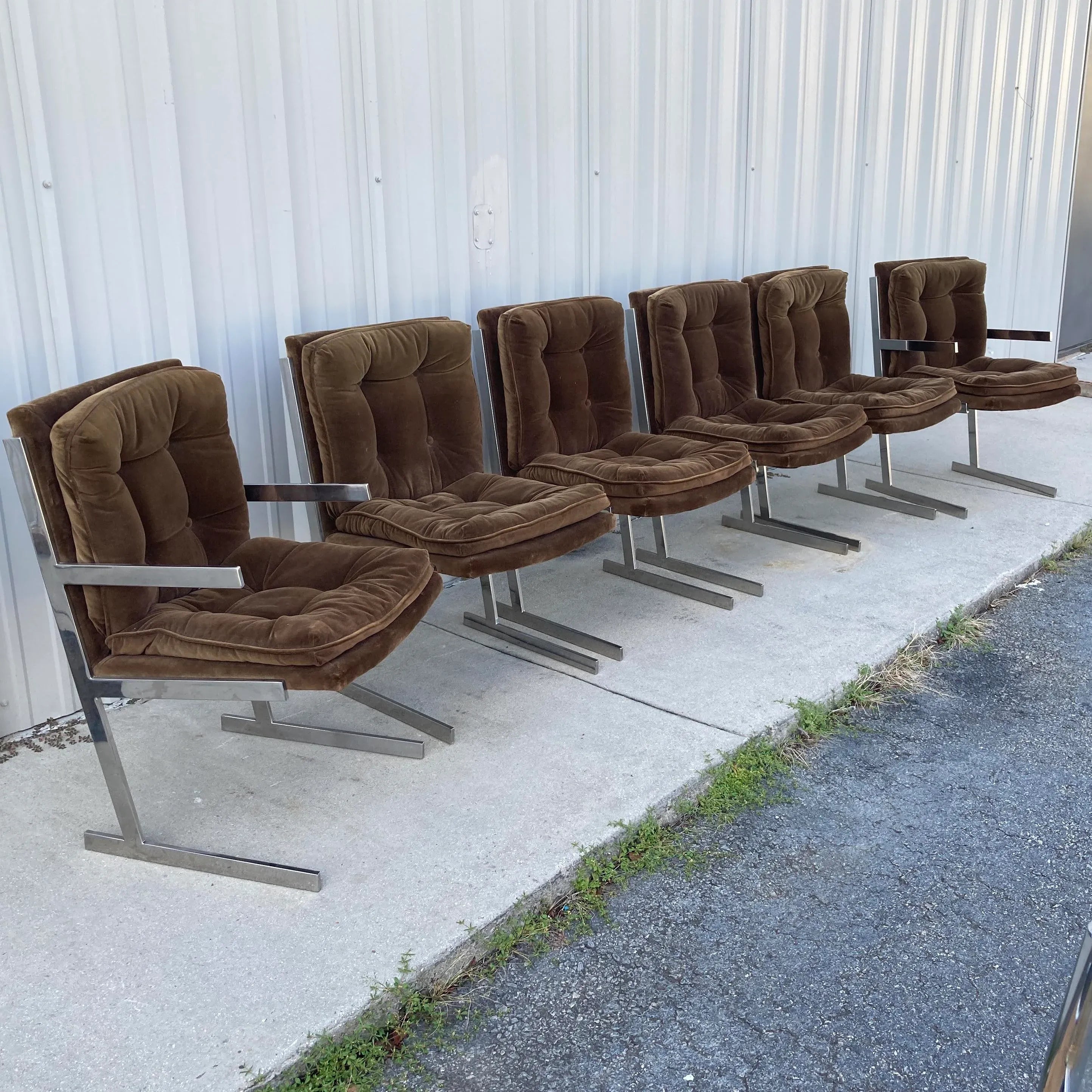 Mid-20th Century Milo Baughman Style Flat Bar Chrome Sled-Base Dining Chairs - Set of 6