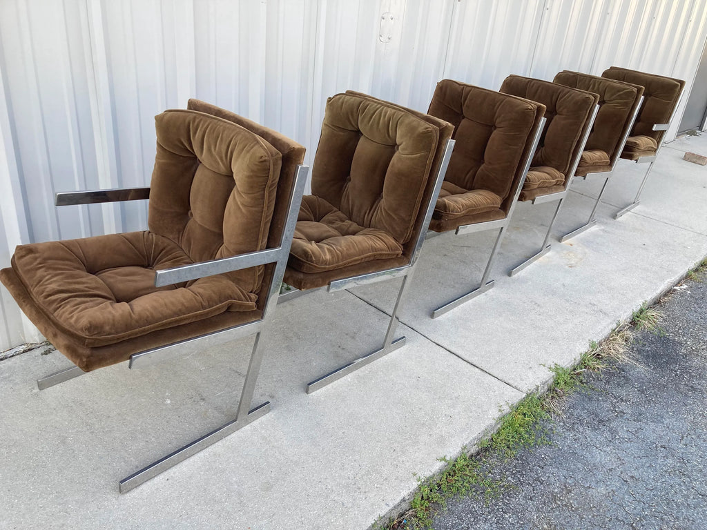Mid-20th Century Milo Baughman Style Flat Bar Chrome Sled-Base Dining Chairs - Set of 6