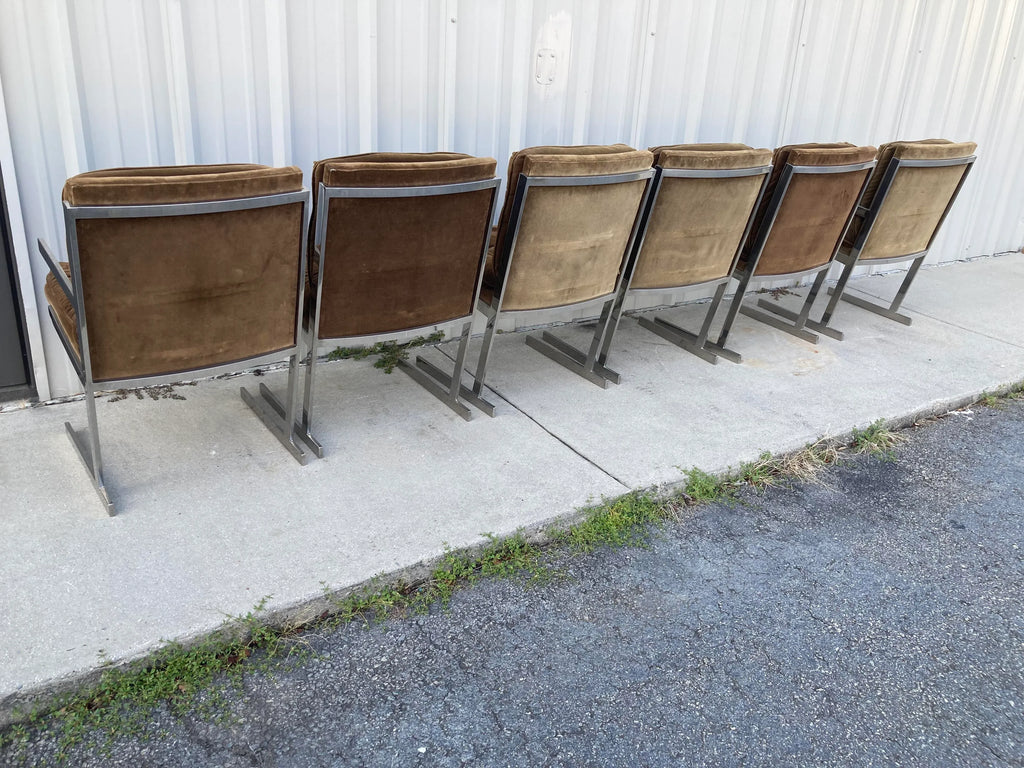 Mid-20th Century Milo Baughman Style Flat Bar Chrome Sled-Base Dining Chairs - Set of 6