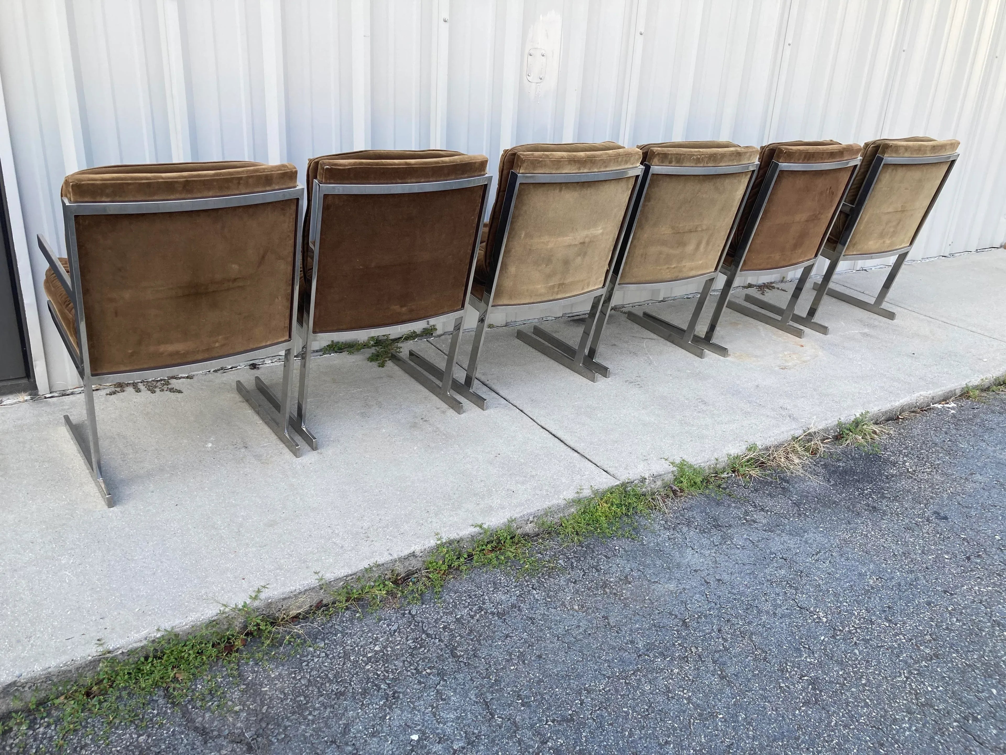 Mid-20th Century Milo Baughman Style Flat Bar Chrome Sled-Base Dining Chairs - Set of 6