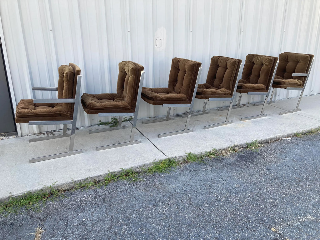 Mid-20th Century Milo Baughman Style Flat Bar Chrome Sled-Base Dining Chairs - Set of 6