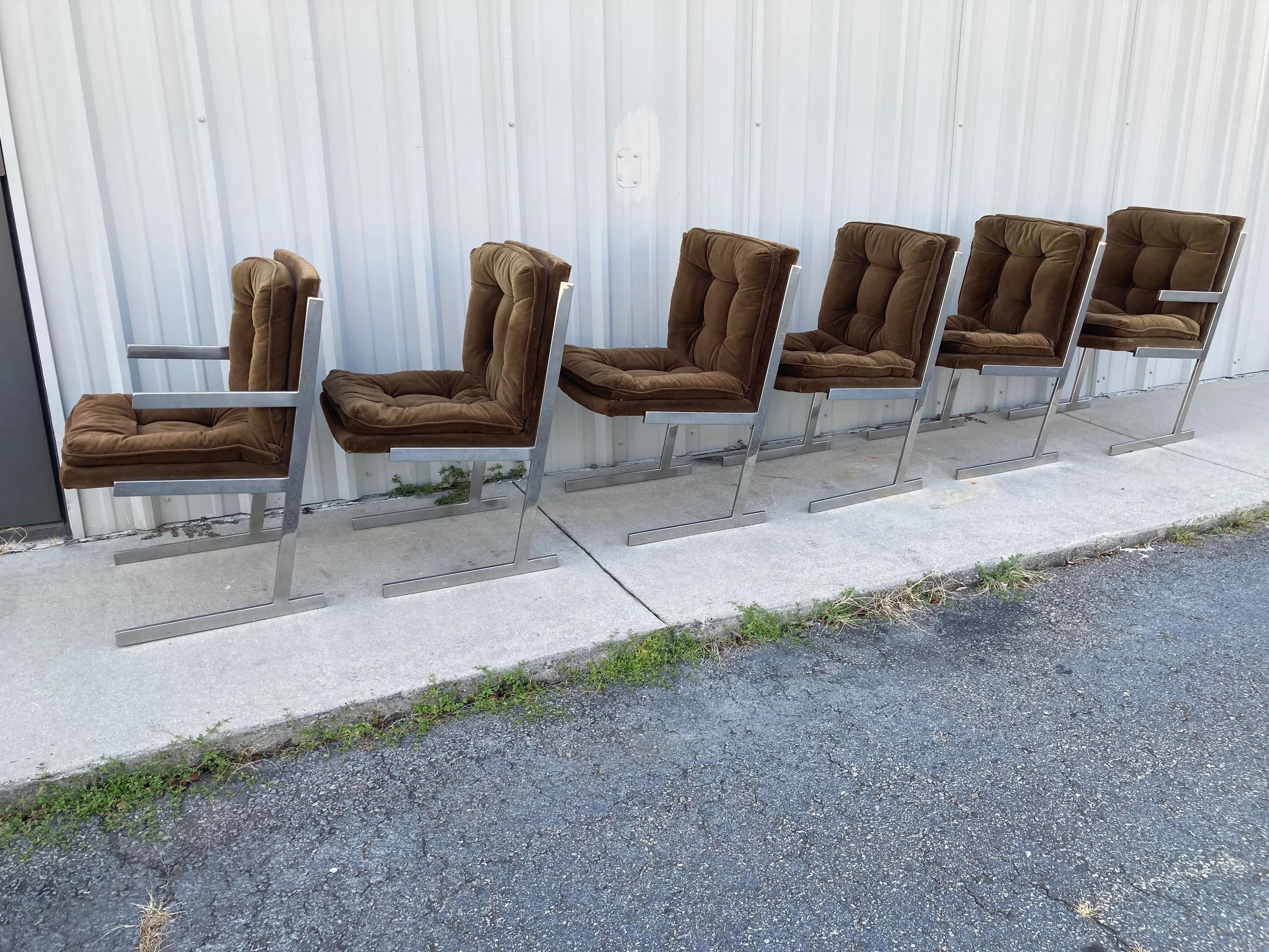 Mid-20th Century Milo Baughman Style Flat Bar Chrome Sled-Base Dining Chairs - Set of 6
