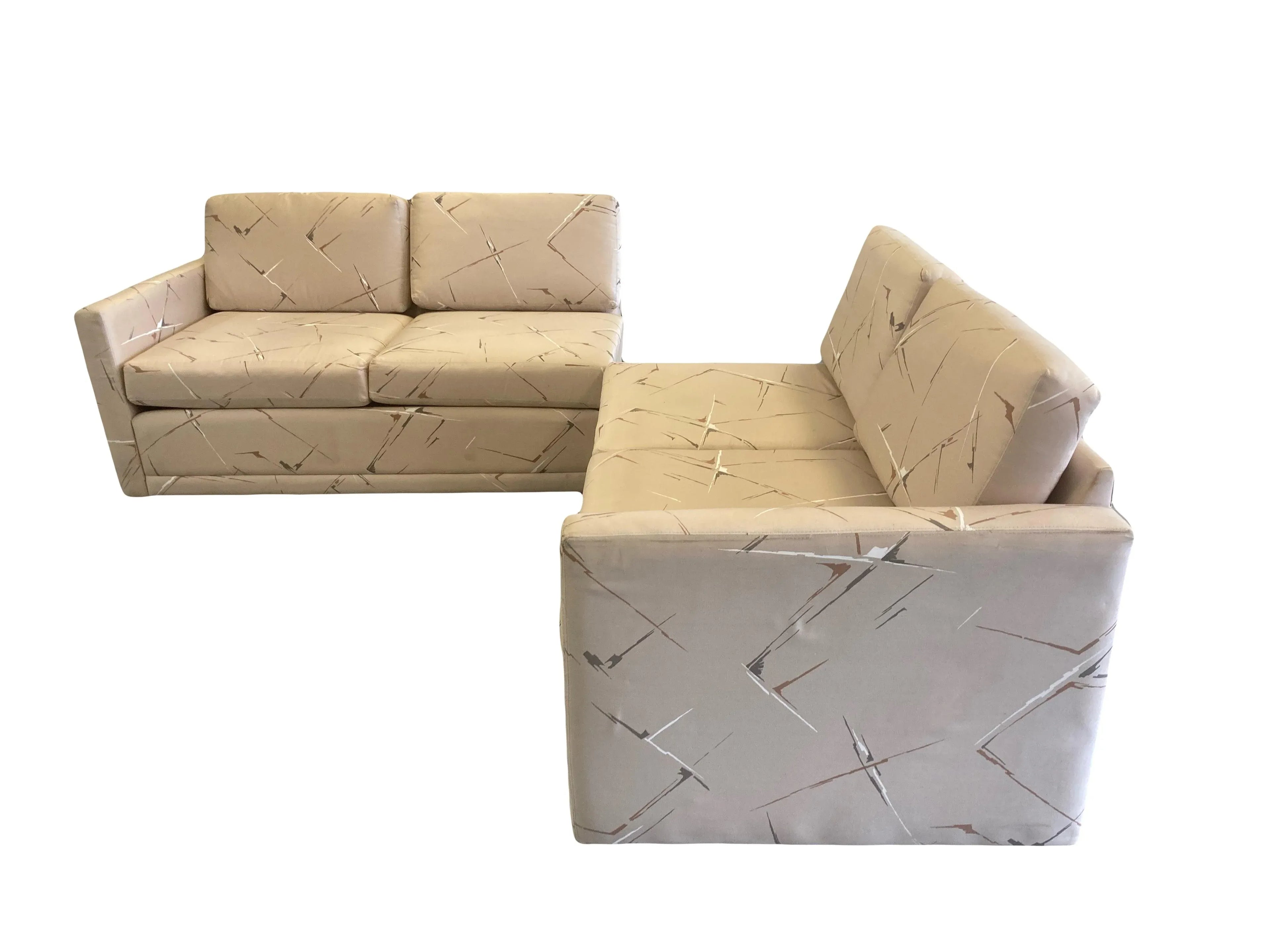 Mid-20th Century Modular Two-Piece Sectional Tuxedo Sofa in Original Silk Abstract Print Fabric for Bambergers of New Jersey - After Harvey Probber