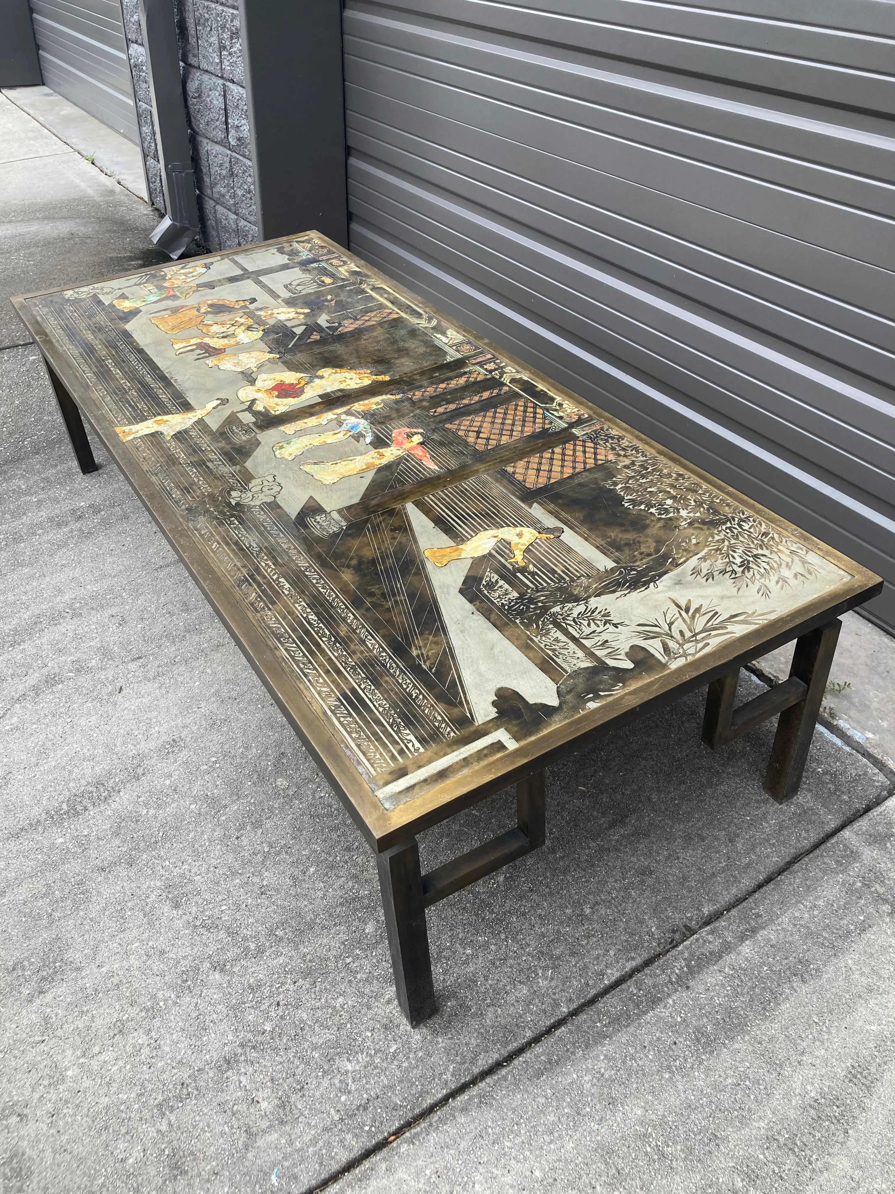 Mid 20th Century Philip and Kelvin LaVerne Chin Ying Bronze Coffee Table With Reverse Ordered and Misspelled Signature