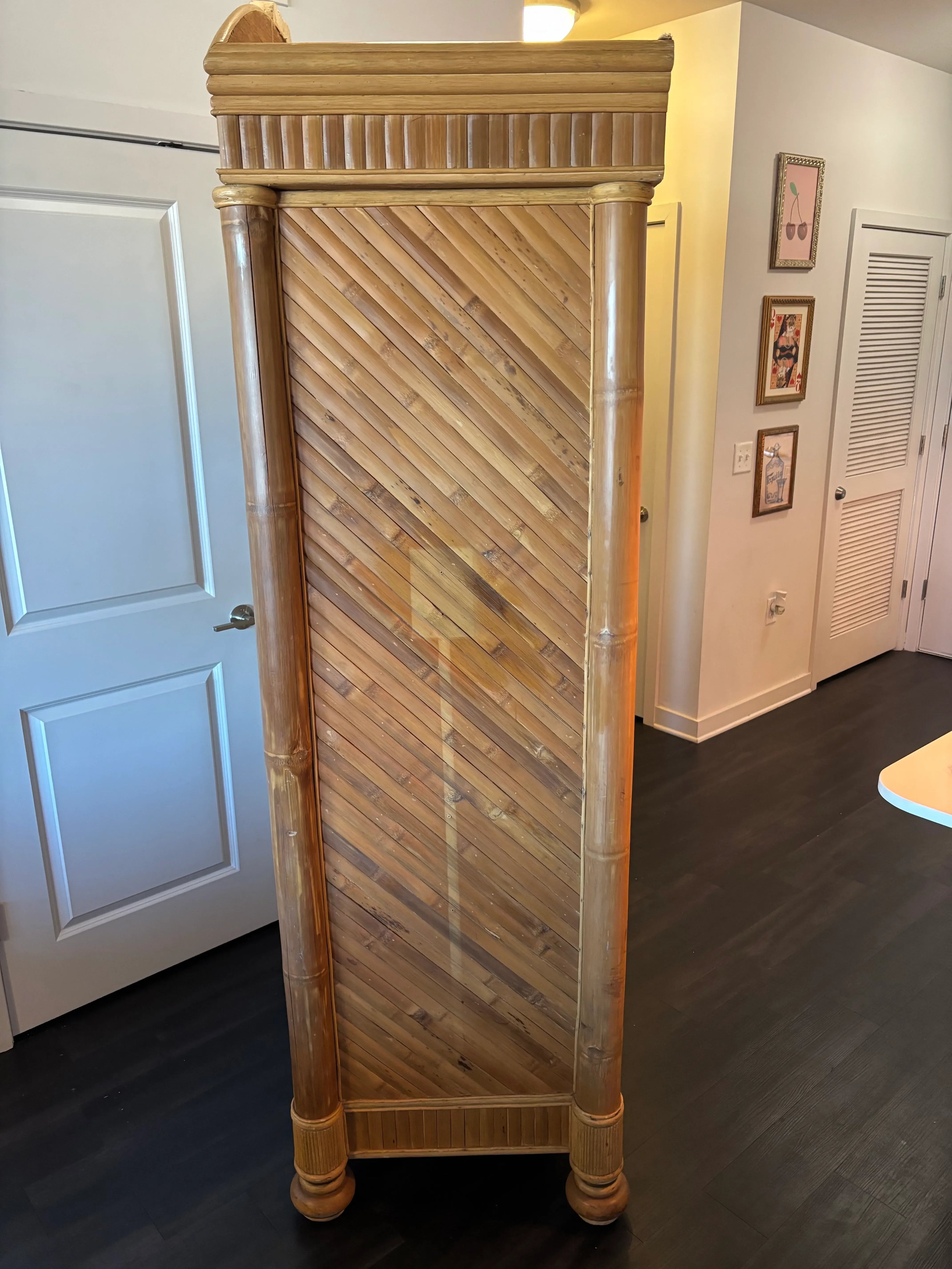 Mid-20th Century Rare Form Palm Beach Modern Coastal Chevron Reed Split Bamboo Armoire
