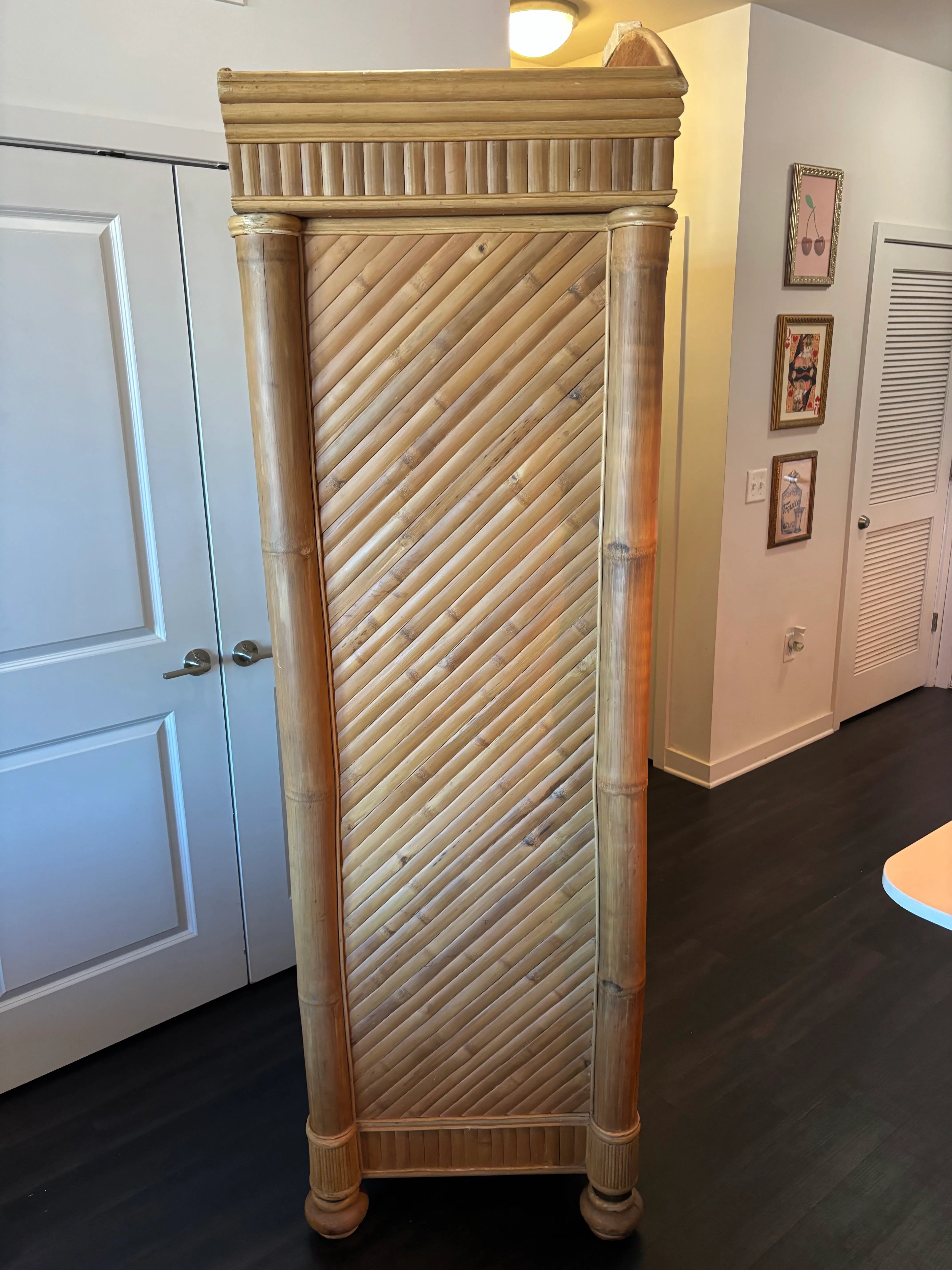 Mid-20th Century Rare Form Palm Beach Modern Coastal Chevron Reed Split Bamboo Armoire