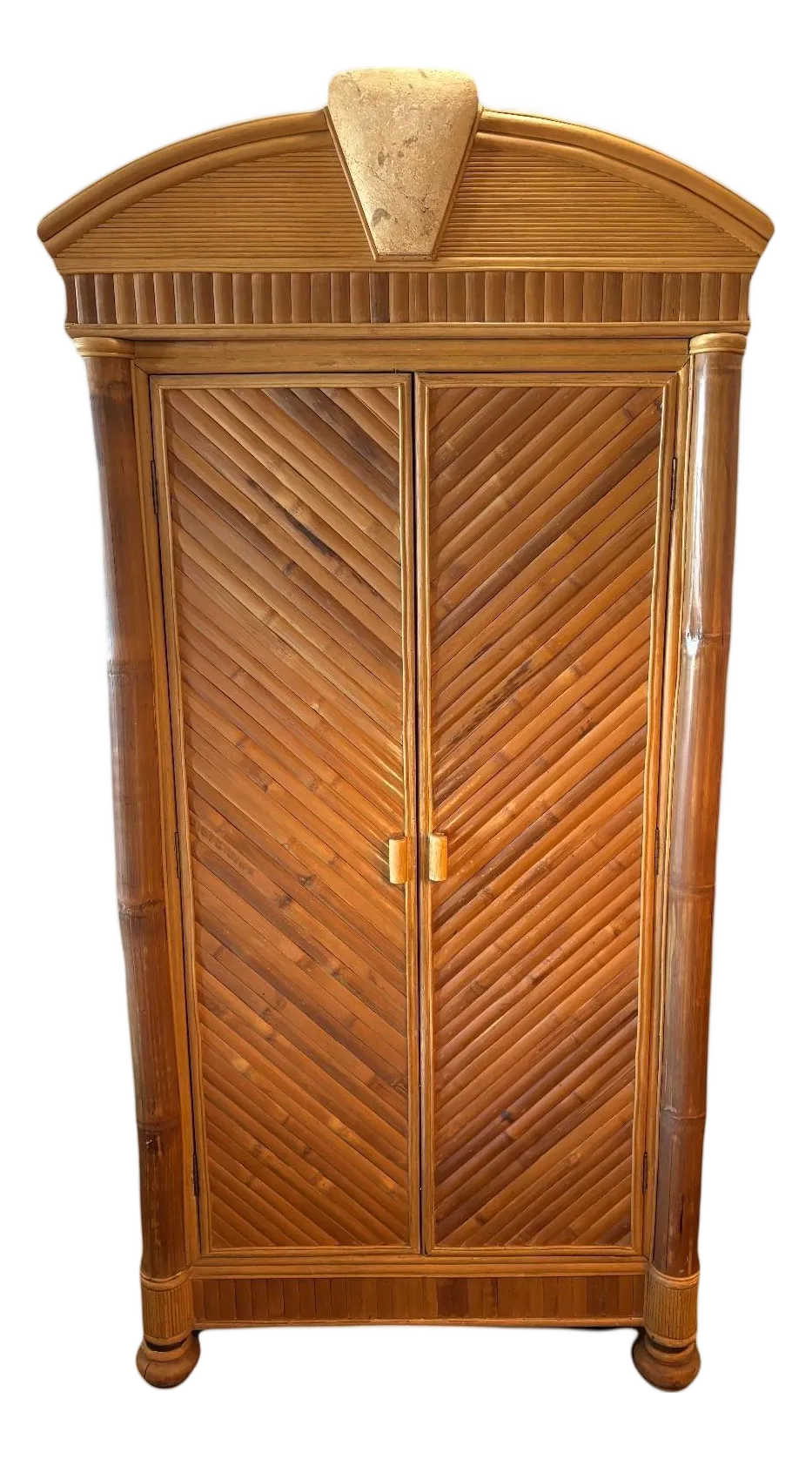 Mid-20th Century Rare Form Palm Beach Modern Coastal Chevron Reed Split Bamboo Armoire