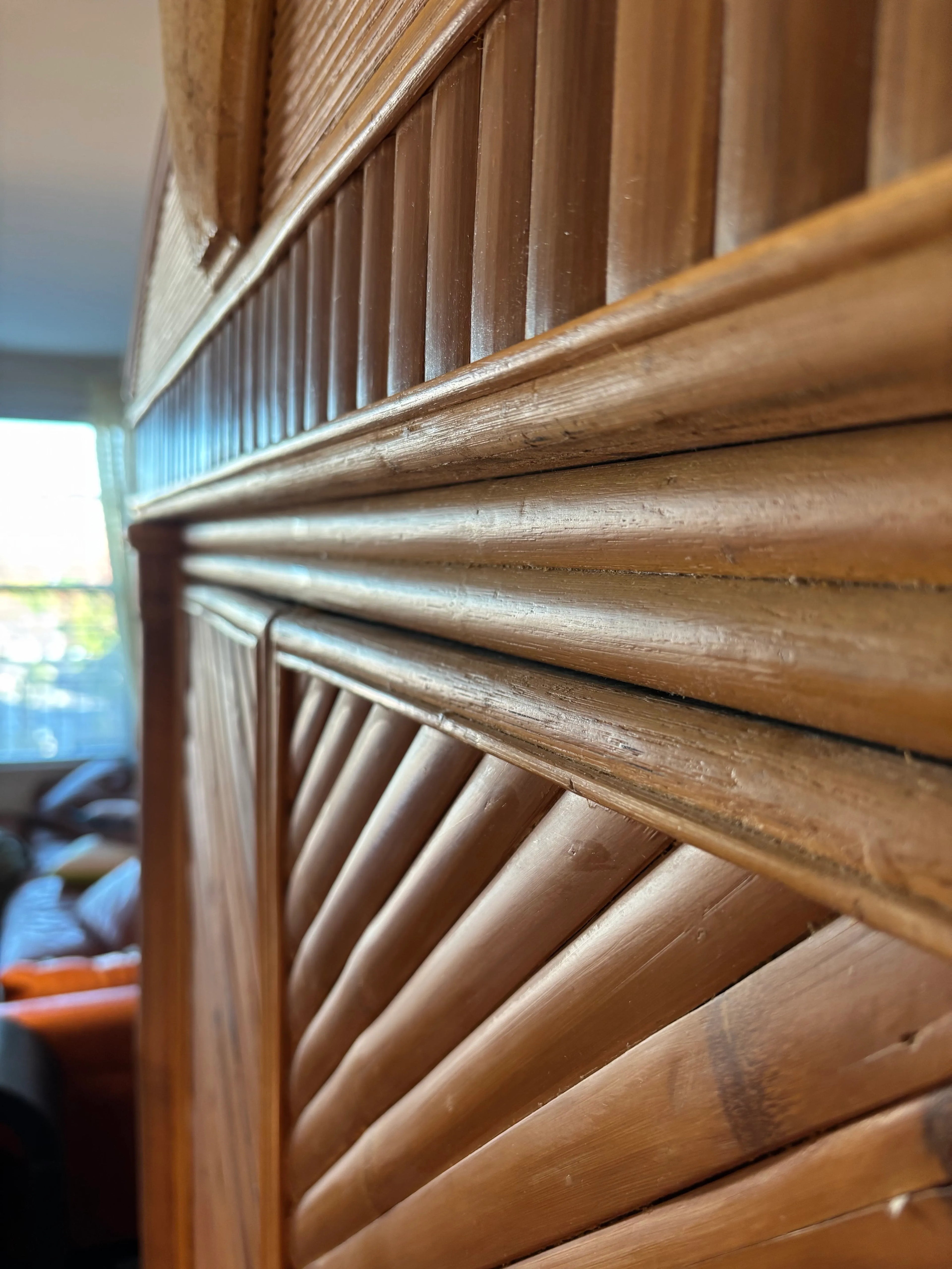 Mid-20th Century Rare Form Palm Beach Modern Coastal Chevron Reed Split Bamboo Armoire