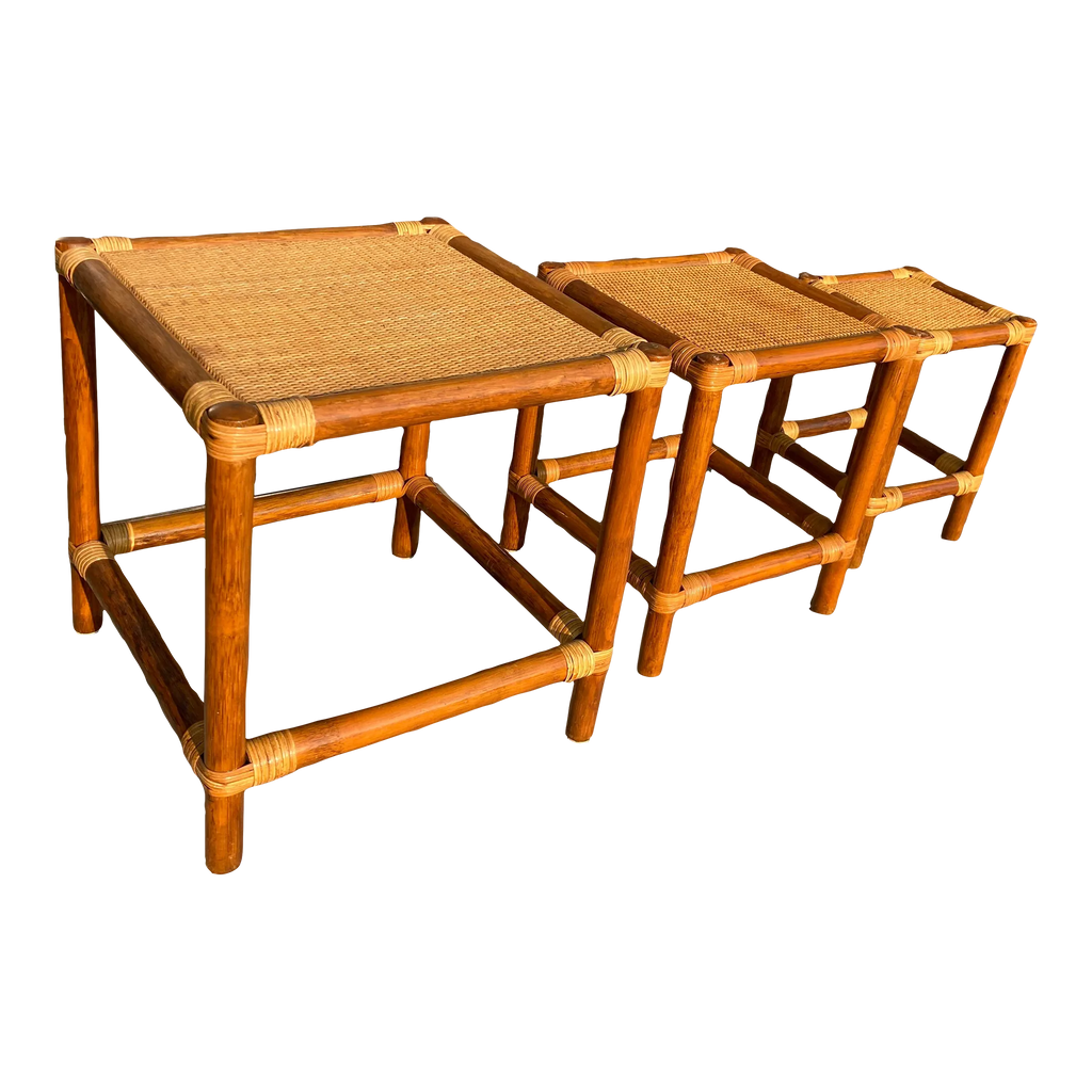 Mid-20th Century Rattan and Bamboo Nesting Tables - Set of 3