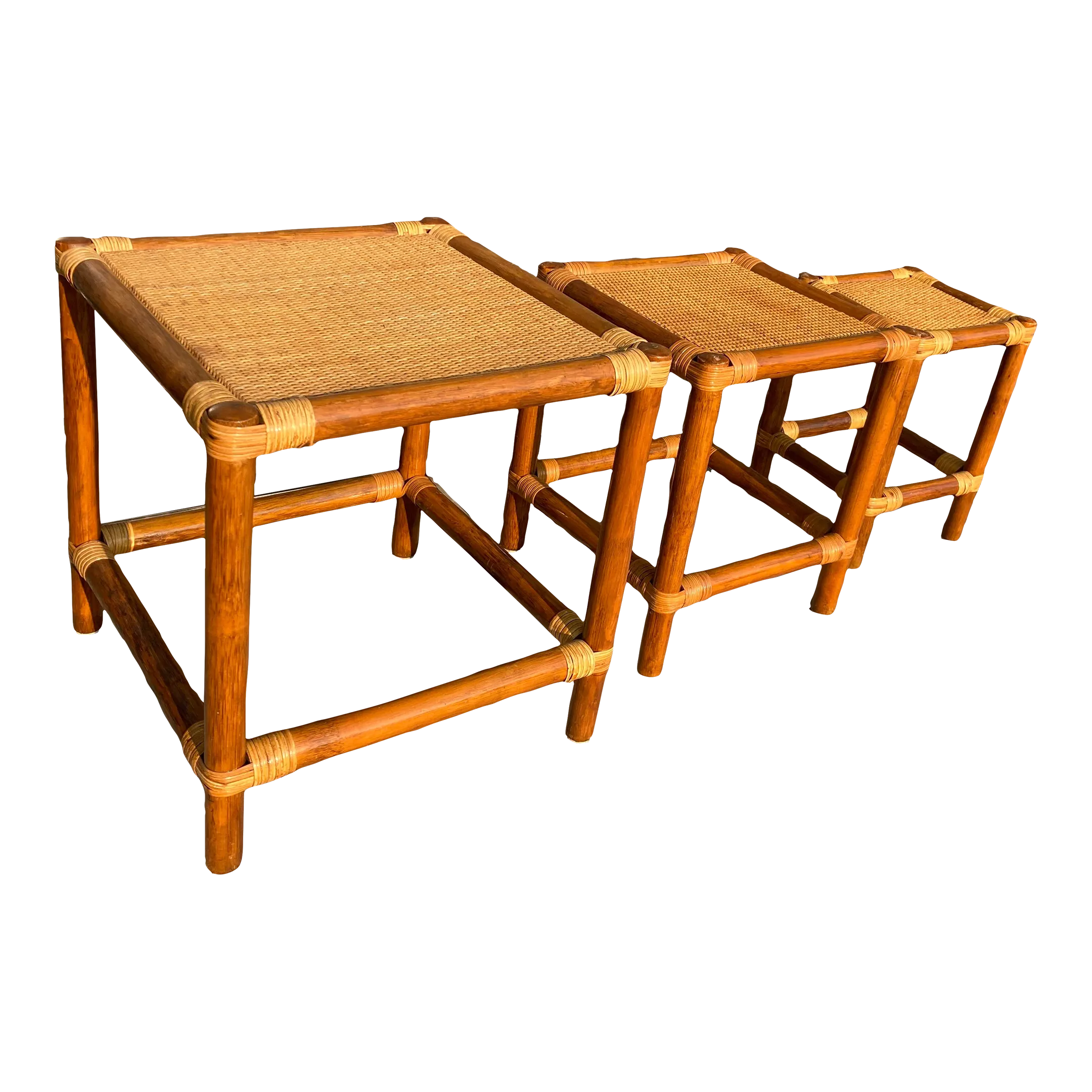 Mid-20th Century Rattan and Bamboo Nesting Tables - Set of 3