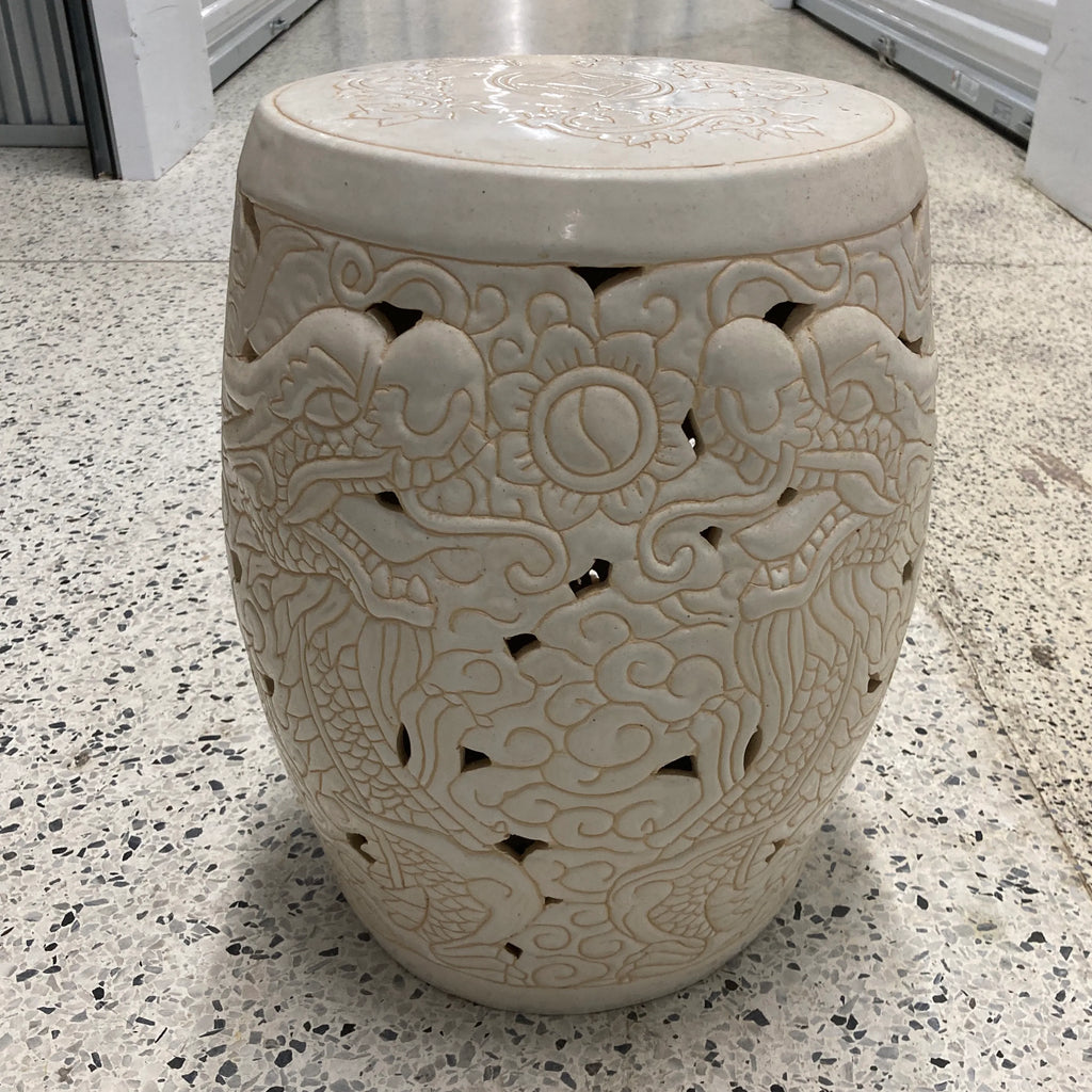 Mid-20th Century White Ceramic Garden Stool in Dragon Motif