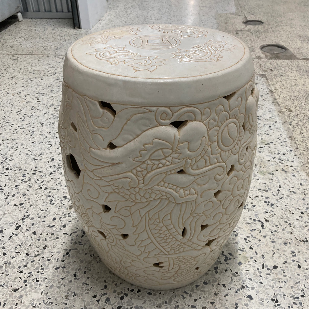 Mid-20th Century White Ceramic Garden Stool in Dragon Motif