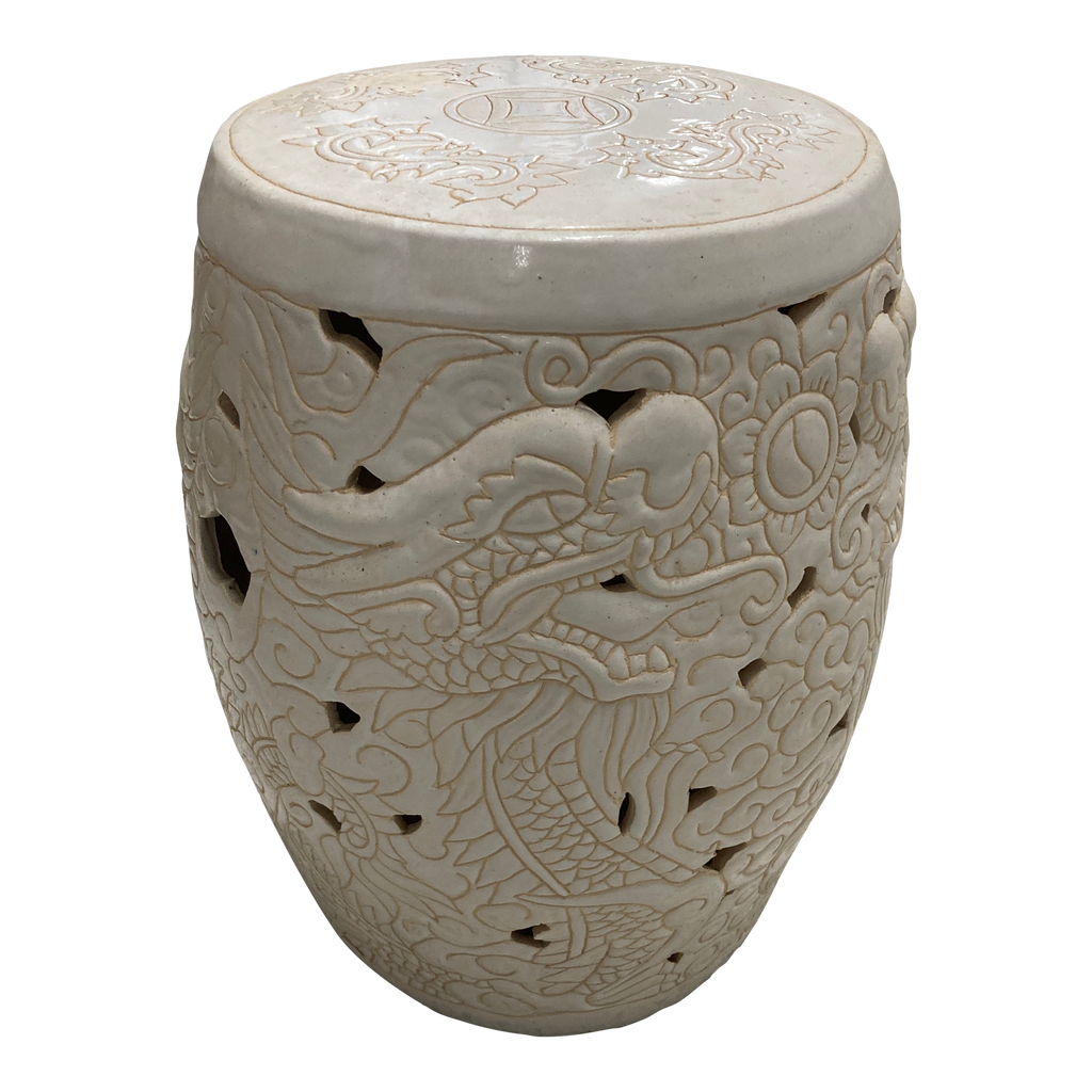 Mid-20th Century White Ceramic Garden Stool in Dragon Motif