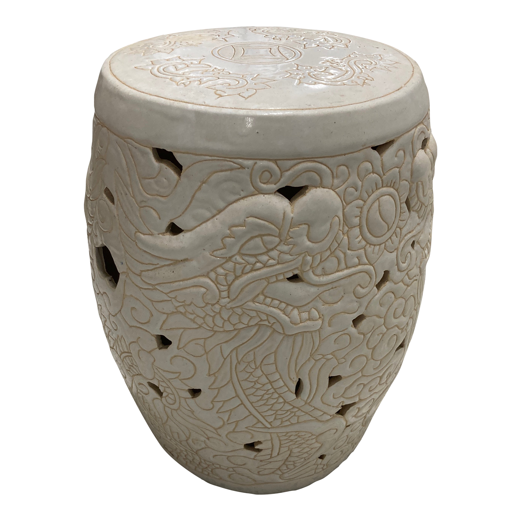 Mid-20th Century White Ceramic Garden Stool in Dragon Motif