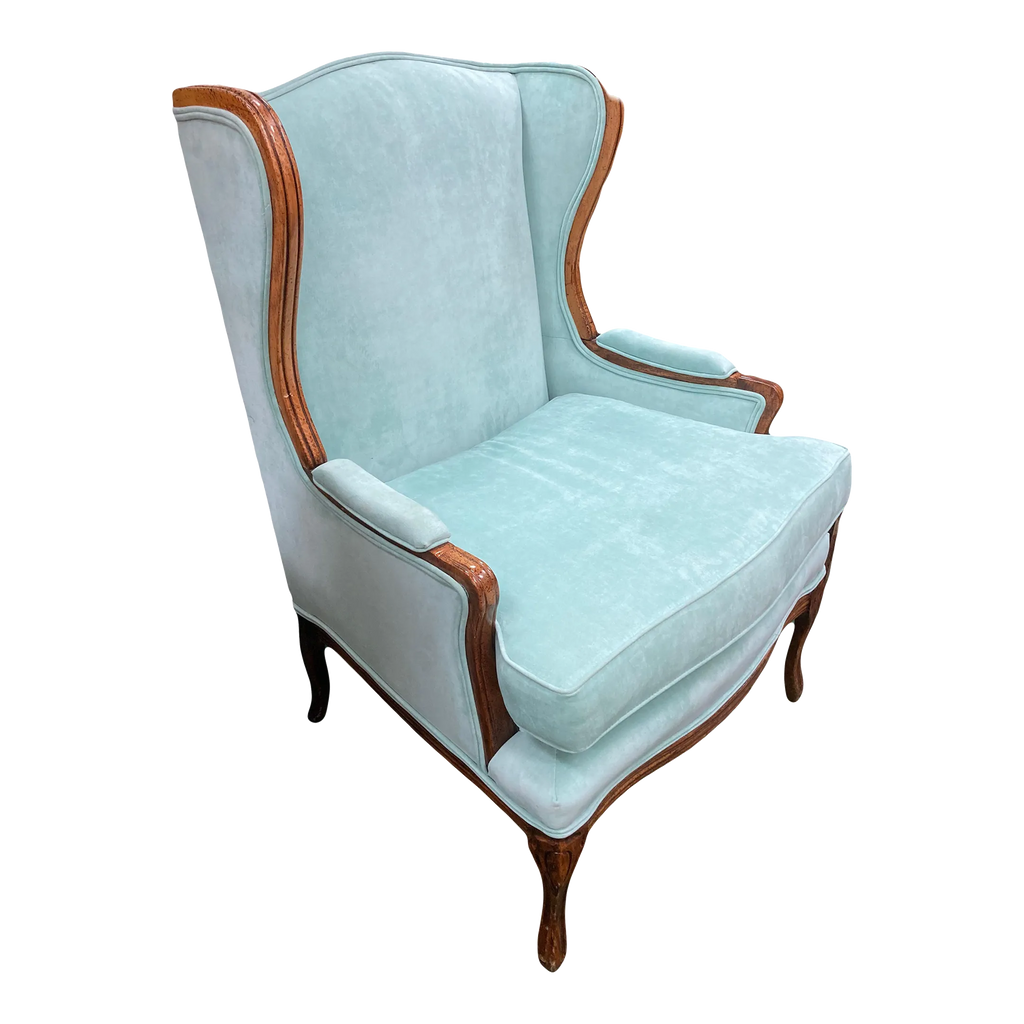 Mid-20th Century Wingback Ear Chair in Aqua Velvet