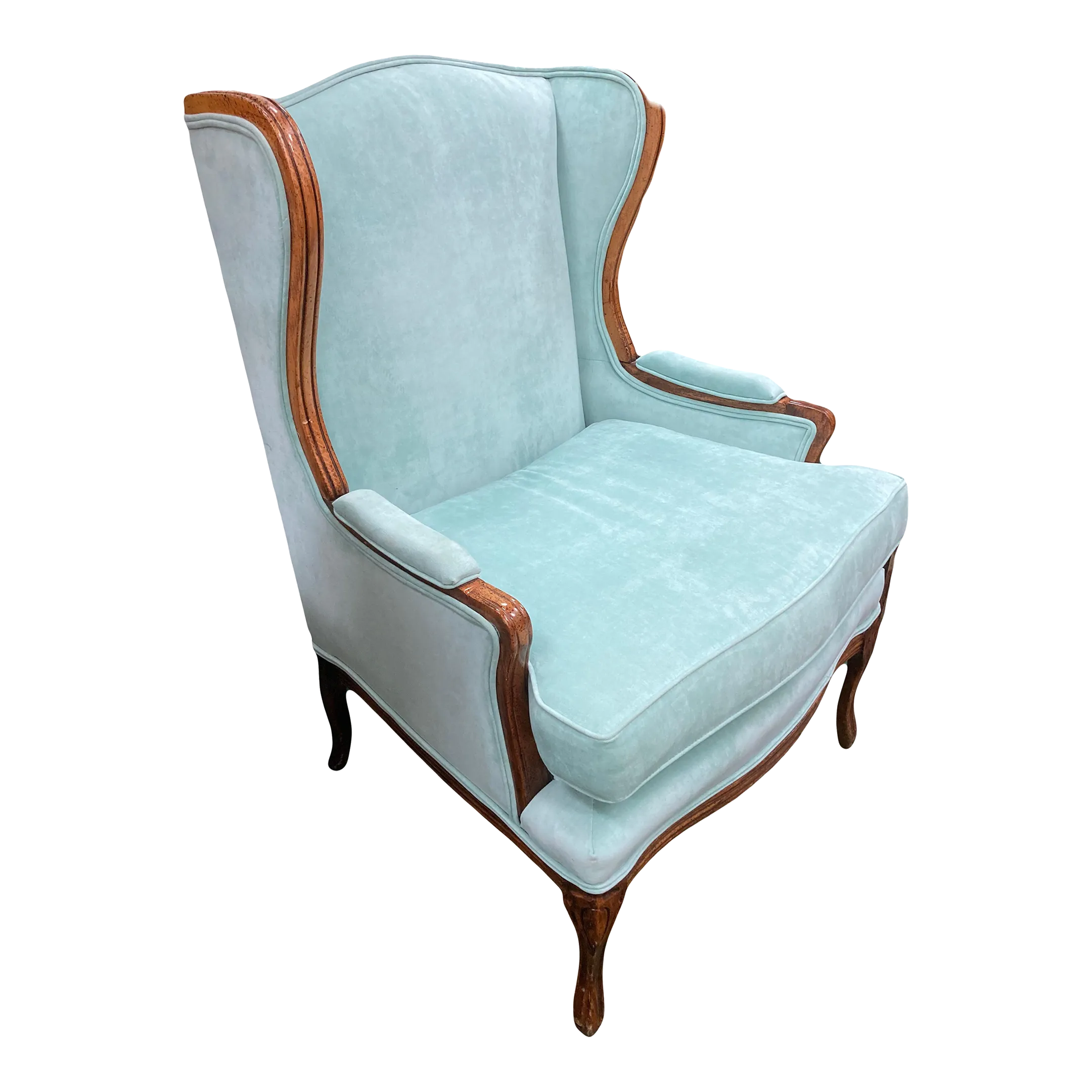 Mid-20th Century Wingback Ear Chair in Aqua Velvet