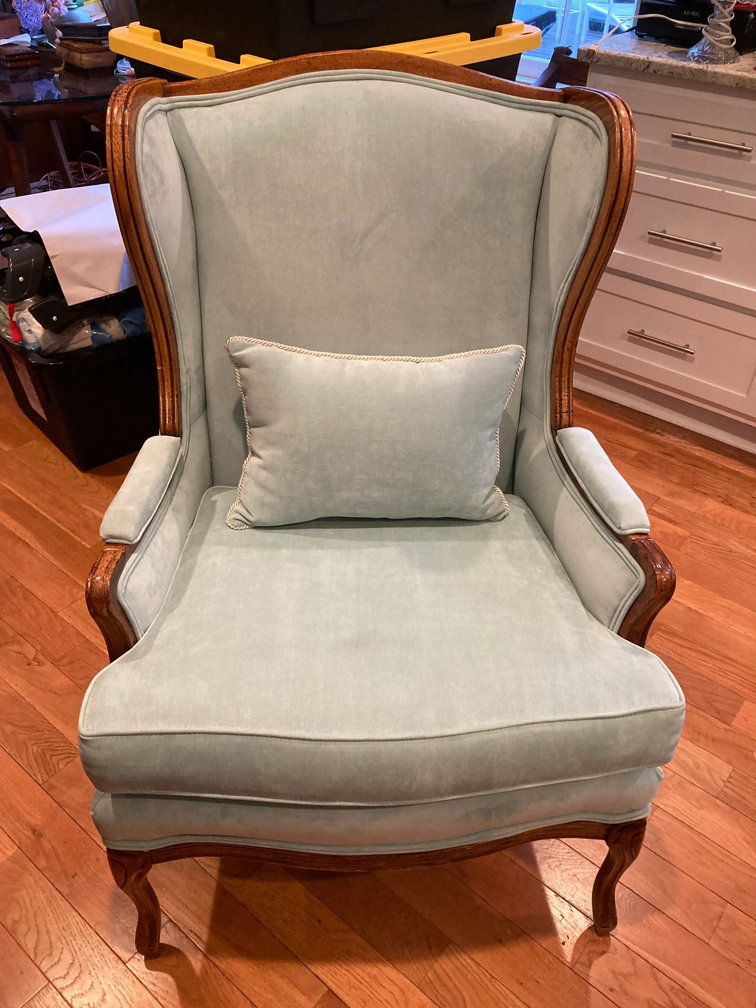 Mid-20th Century Wingback Ear Chair in Aqua Velvet