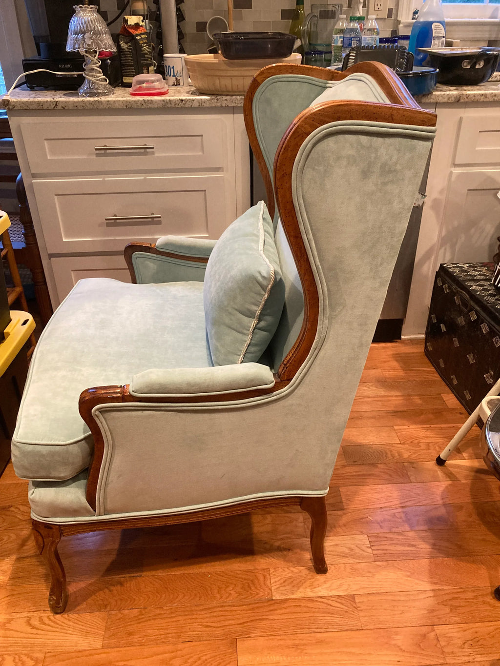 Mid-20th Century Wingback Ear Chair in Aqua Velvet