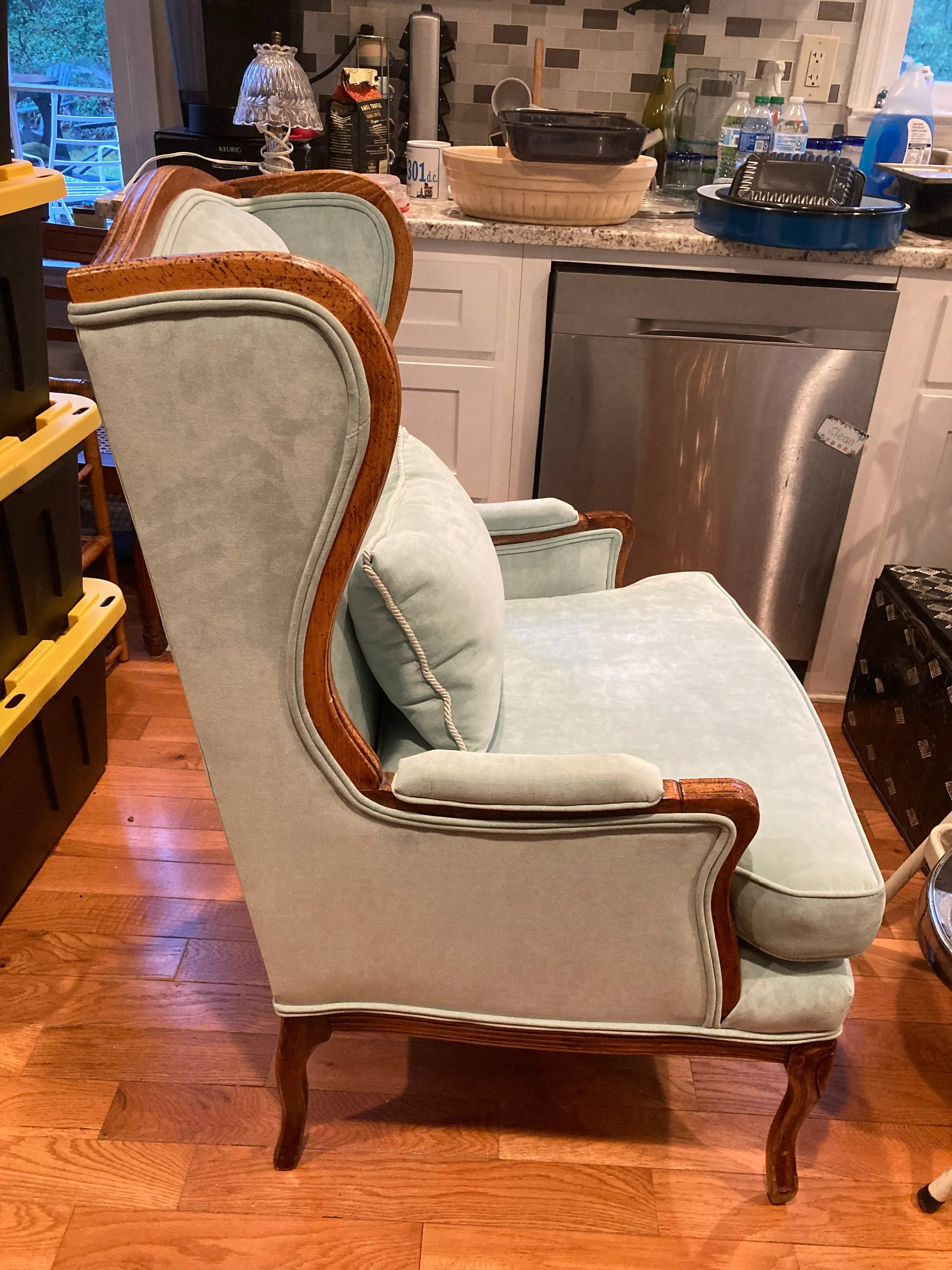 Mid-20th Century Wingback Ear Chair in Aqua Velvet