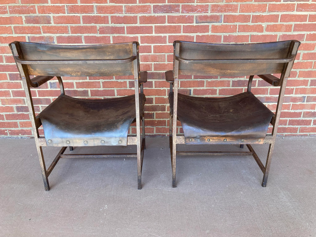 Naturally Distressed Low Profile Industrial Era Safari Armchairs in Curved Steel Frames and Riveted Leather After Marcel Breuer - Set of 2