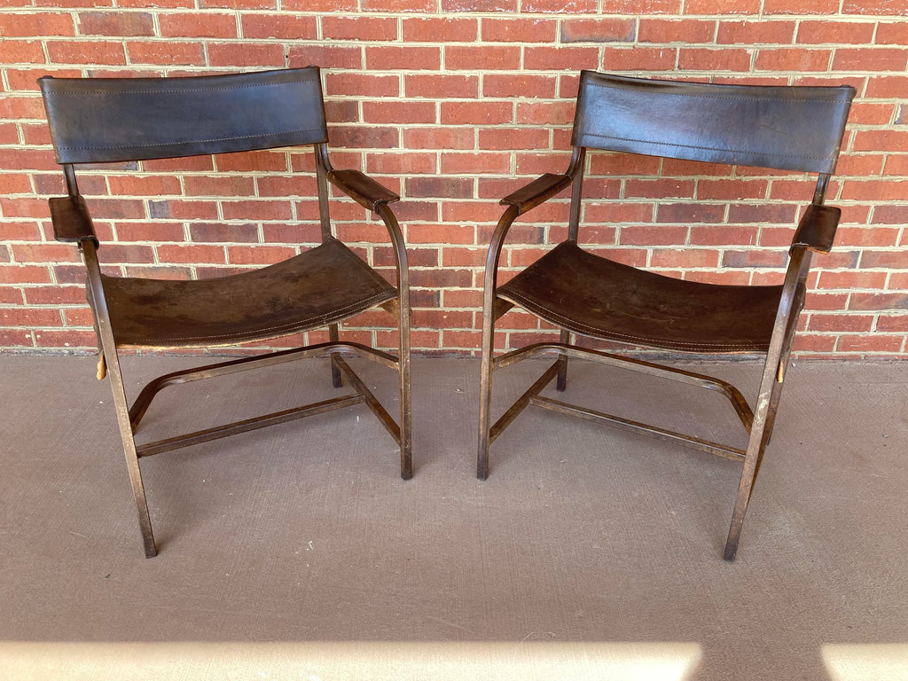 Naturally Distressed Low Profile Industrial Era Safari Armchairs in Curved Steel Frames and Riveted Leather After Marcel Breuer - Set of 2