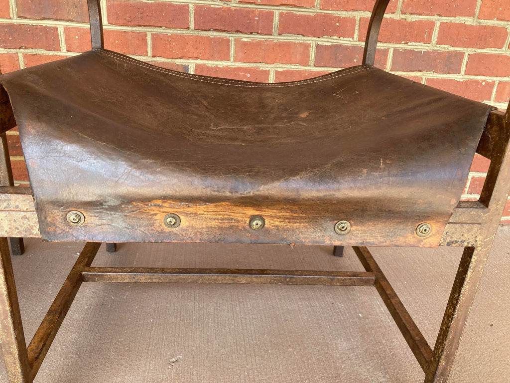 Naturally Distressed Low Profile Industrial Era Safari Armchairs in Curved Steel Frames and Riveted Leather After Marcel Breuer - Set of 2