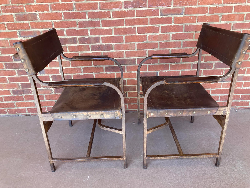 Naturally Distressed Low Profile Industrial Era Safari Armchairs in Curved Steel Frames and Riveted Leather After Marcel Breuer - Set of 2