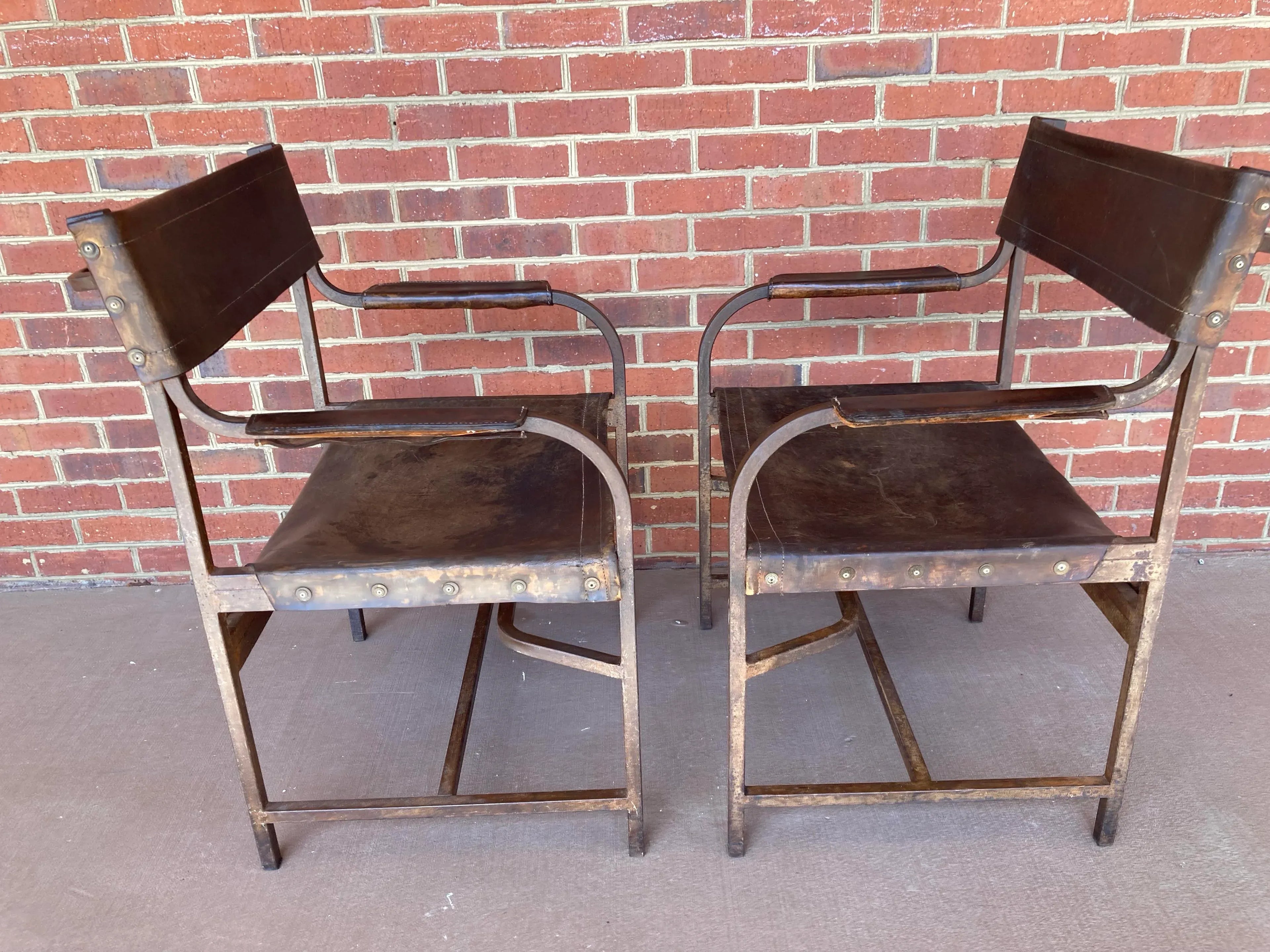 Naturally Distressed Low Profile Industrial Era Safari Armchairs in Curved Steel Frames and Riveted Leather After Marcel Breuer - Set of 2