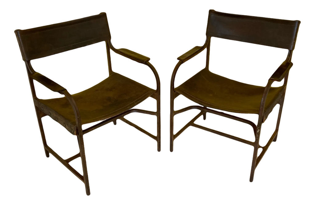 Naturally Distressed Low Profile Industrial Era Safari Armchairs in Curved Steel Frames and Riveted Leather After Marcel Breuer - Set of 2