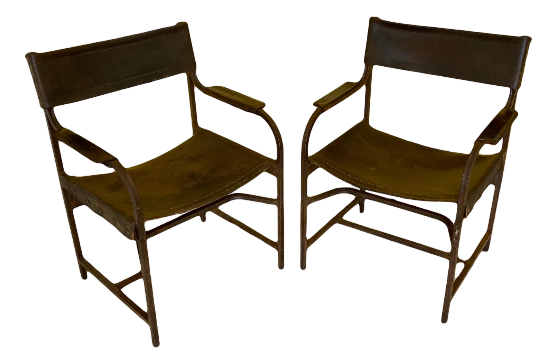 Naturally Distressed Low Profile Industrial Era Safari Armchairs in Curved Steel Frames and Riveted Leather After Marcel Breuer - Set of 2