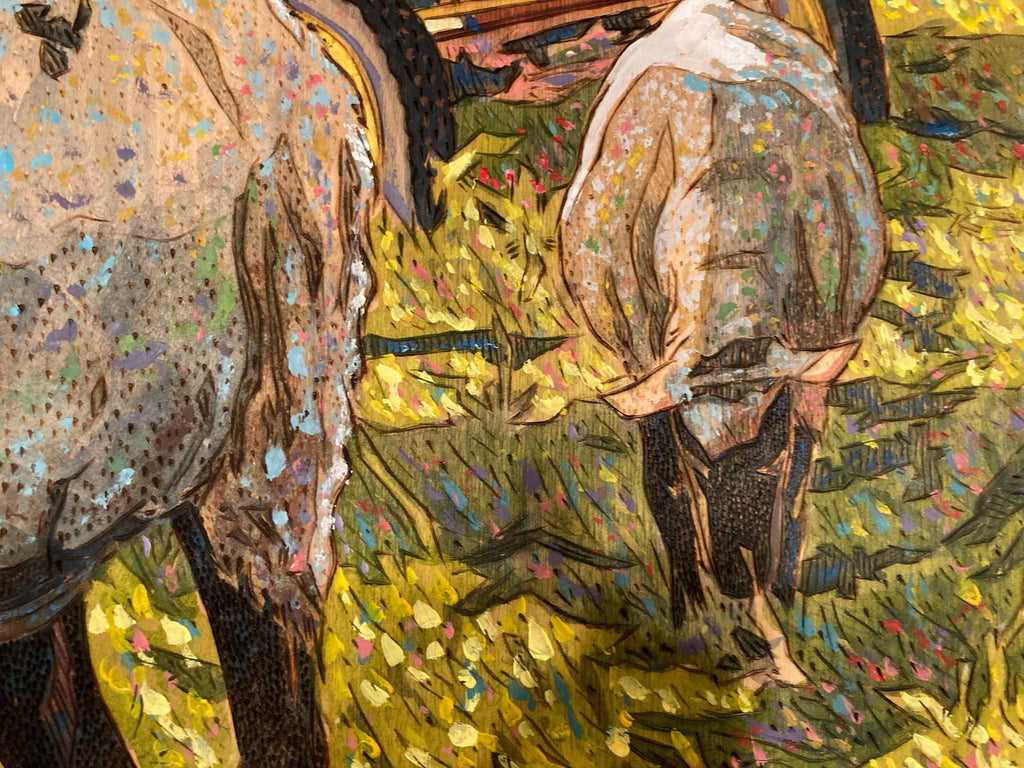 Original Impressionist Burnwood Painting of Farm Life by Ned Johnson (American, 20th C.)