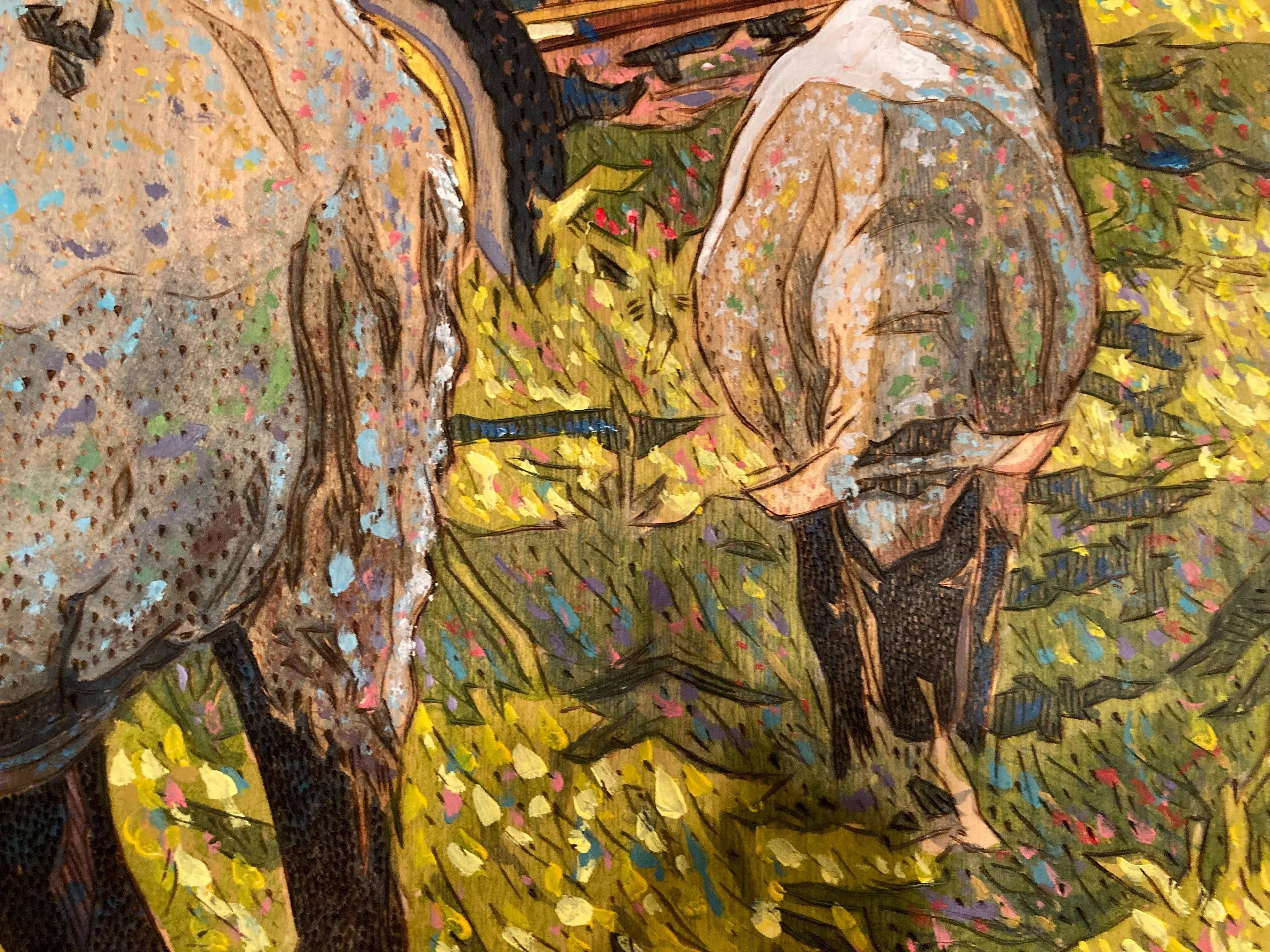 Original Impressionist Burnwood Painting of Farm Life by Ned Johnson (American, 20th C.)