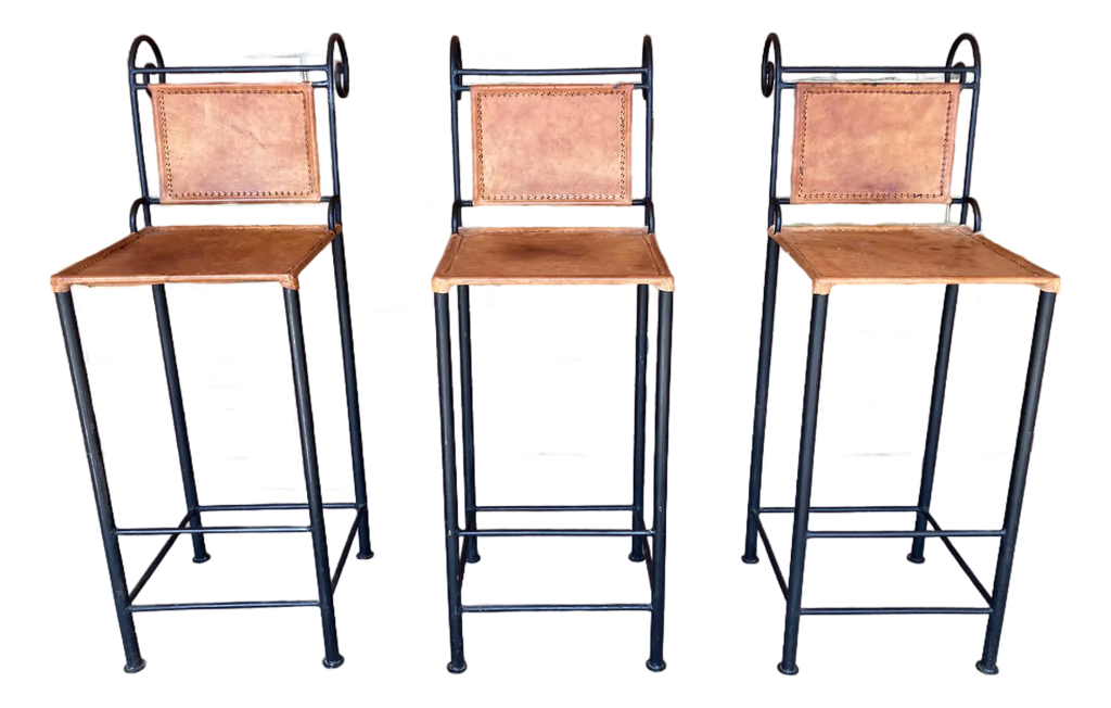 Ralph Lauren Style Spanish Wrought Iron and Leather Bar Stools - Set of Three