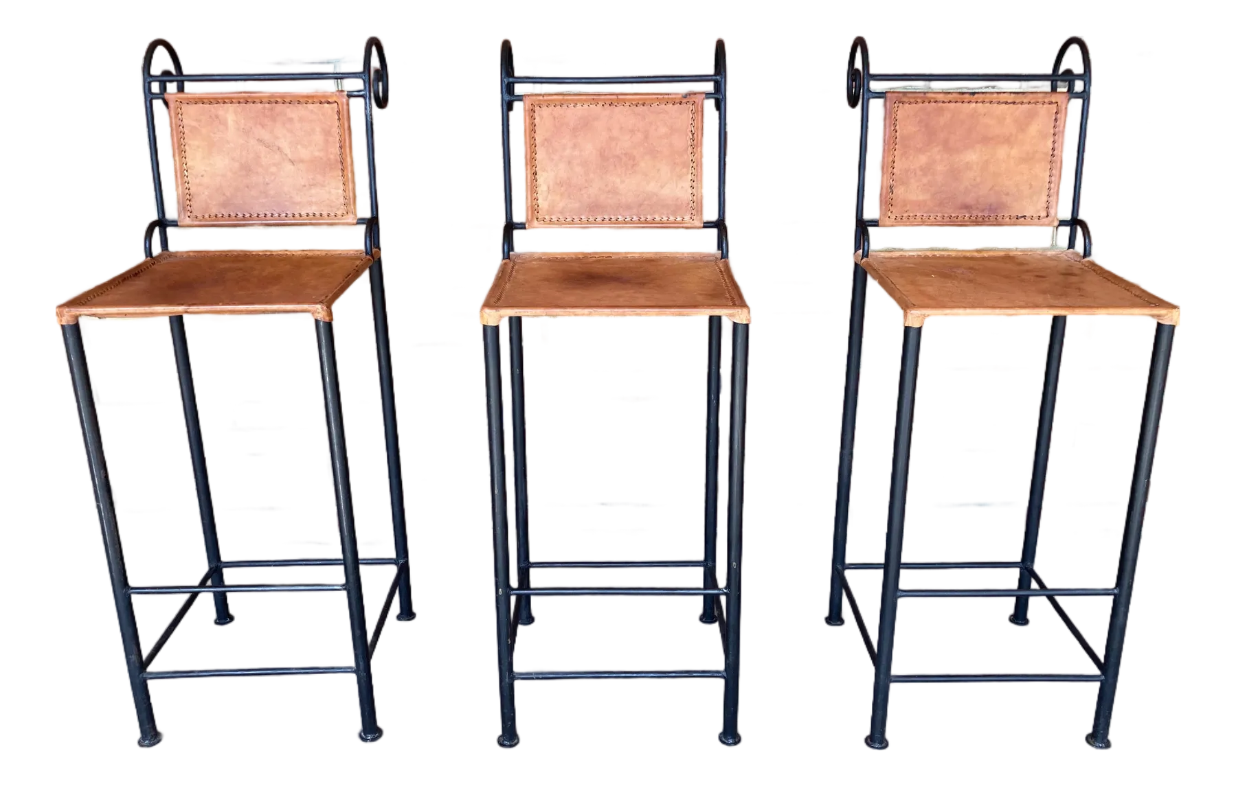 Ralph Lauren Style Spanish Wrought Iron and Leather Bar Stools - Set of Three