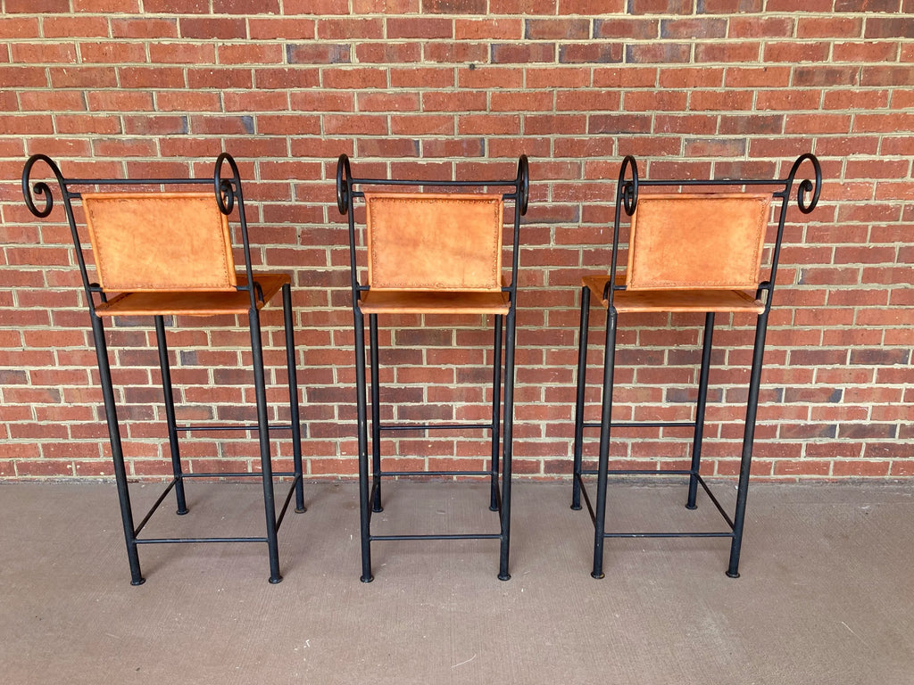 Ralph Lauren Style Spanish Wrought Iron and Leather Bar Stools - Set of Three