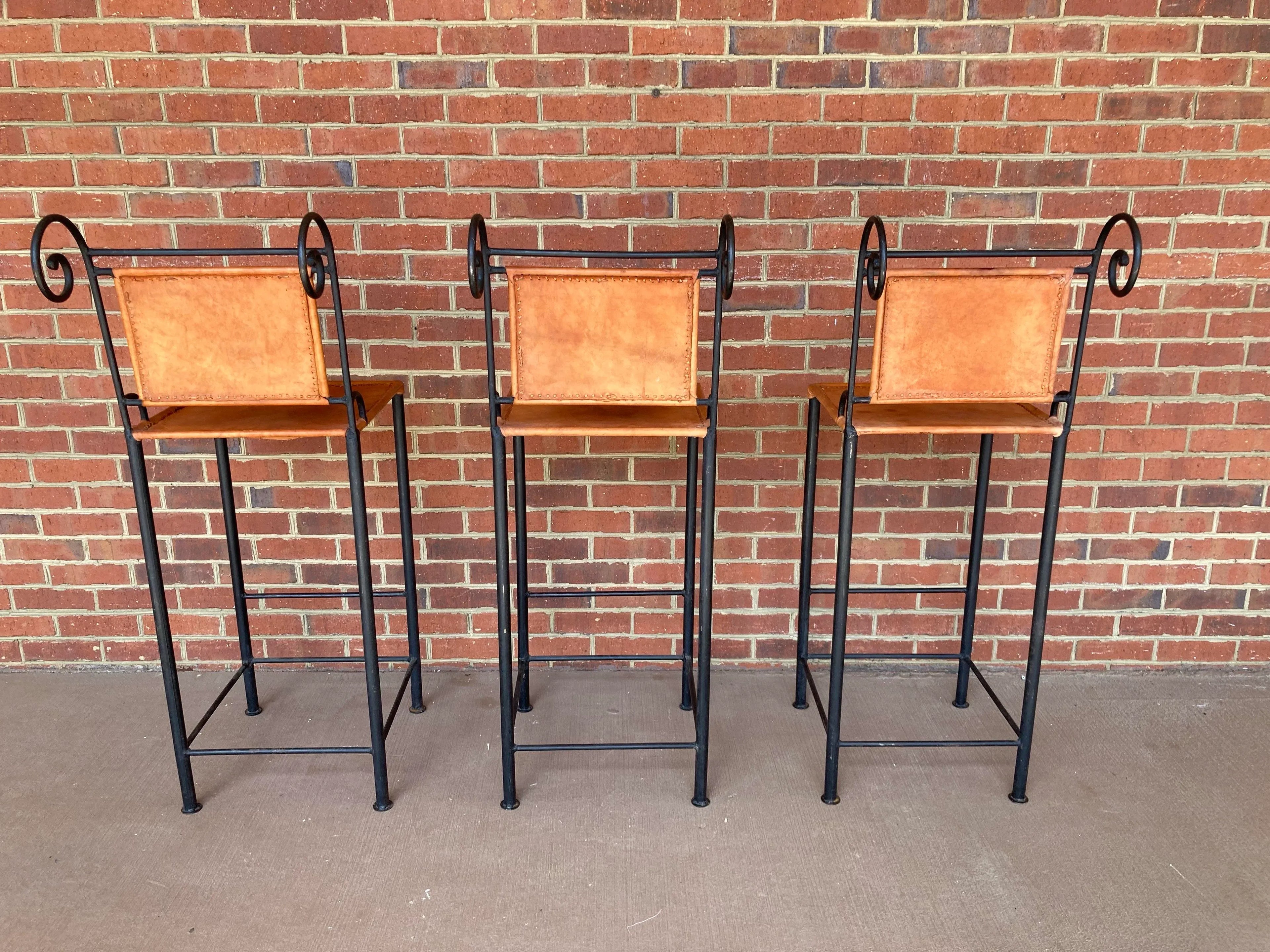 Ralph Lauren Style Spanish Wrought Iron and Leather Bar Stools - Set of Three