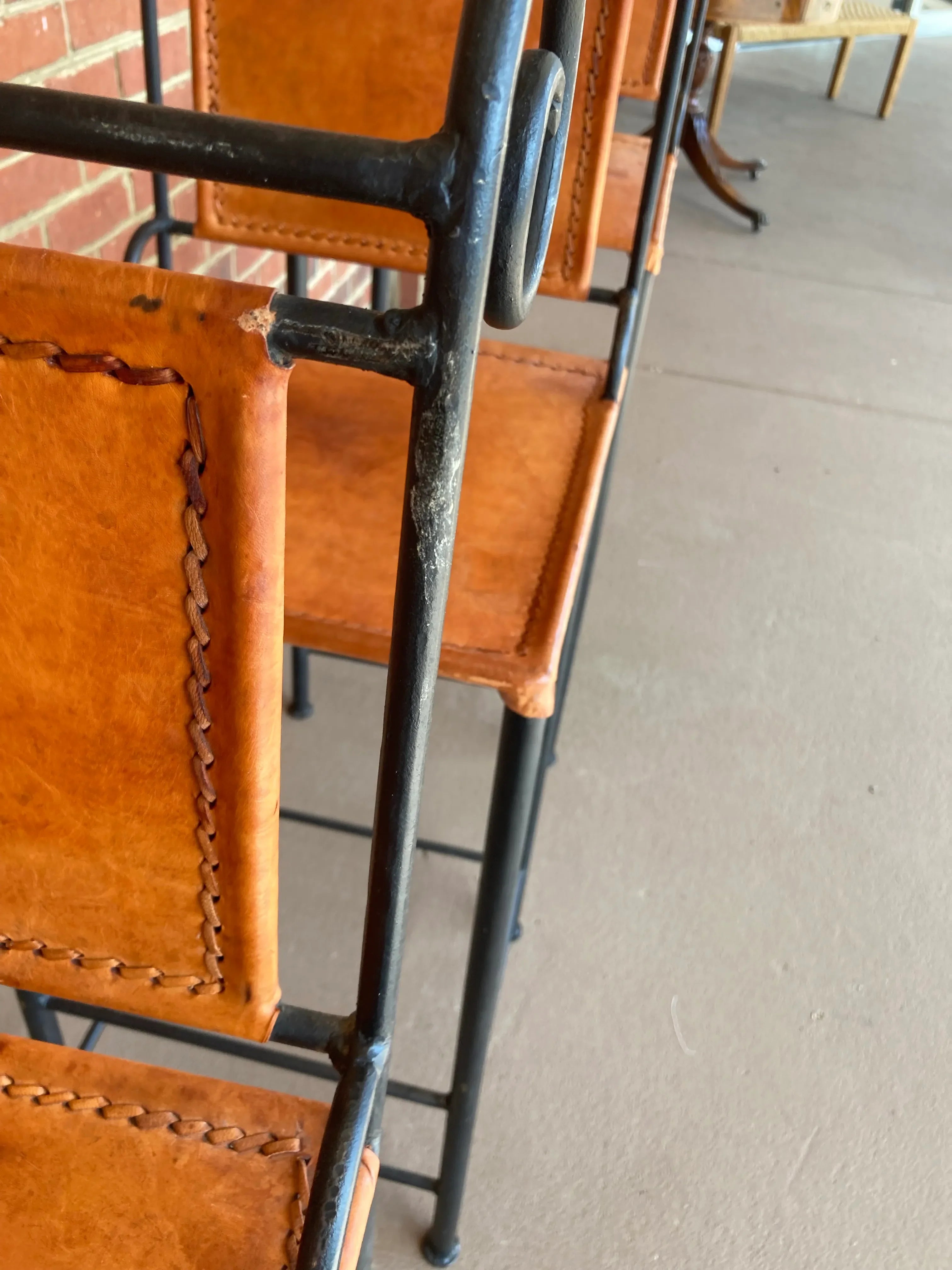 Ralph Lauren Style Spanish Wrought Iron and Leather Bar Stools - Set of Three