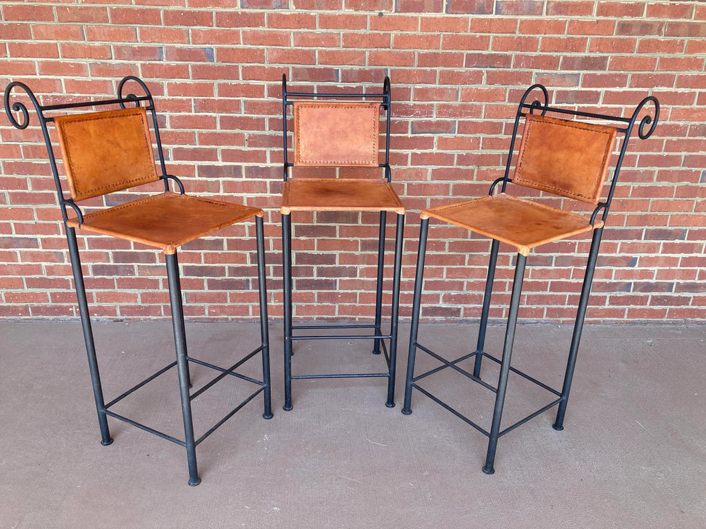 Ralph Lauren Style Spanish Wrought Iron and Leather Bar Stools - Set of Three
