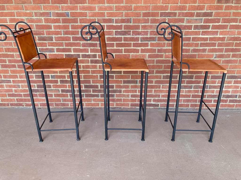 Ralph Lauren Style Spanish Wrought Iron and Leather Bar Stools - Set of Three